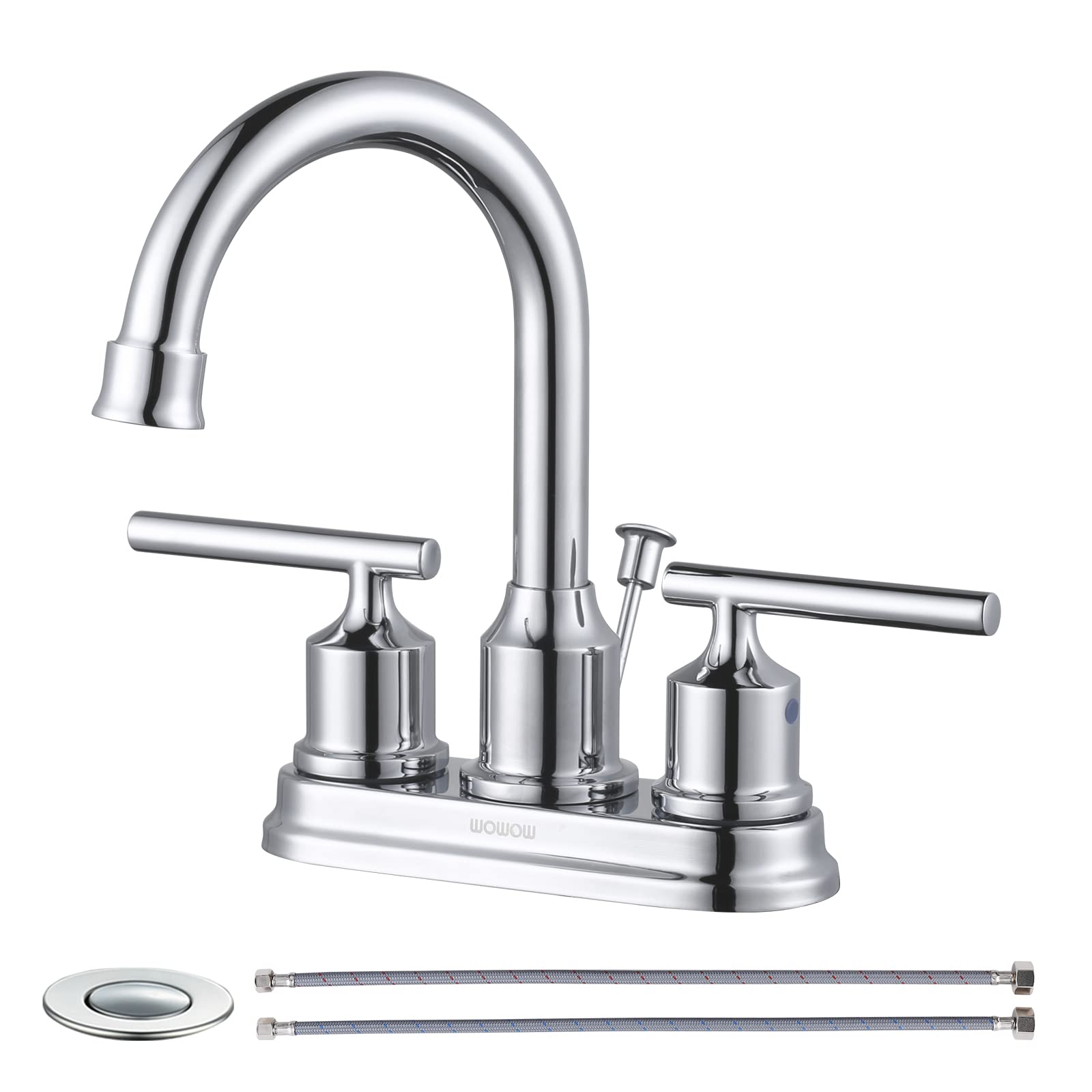 WOWOW Chrome 3 Hole Bathroom Sink Faucet - 2 Handle Centerset 4 Inch Vanity Faucet with Lift Rod Drain Stopper & Supply Lines | Modern Water Tap for Bathroom Sink, Vanity, Powder Room & Guest Bath Installation