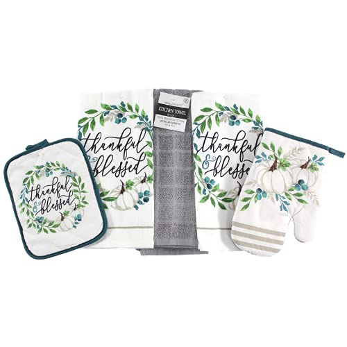 Serafina Home Fall Harvest Blue & White Pumpkin Kitchen Dish Towels & Pot Holder Set - 5 Piece Cotton Kitchen Accessories for Autumn Decor, Thanksgiving Dinner & Holiday Hosting