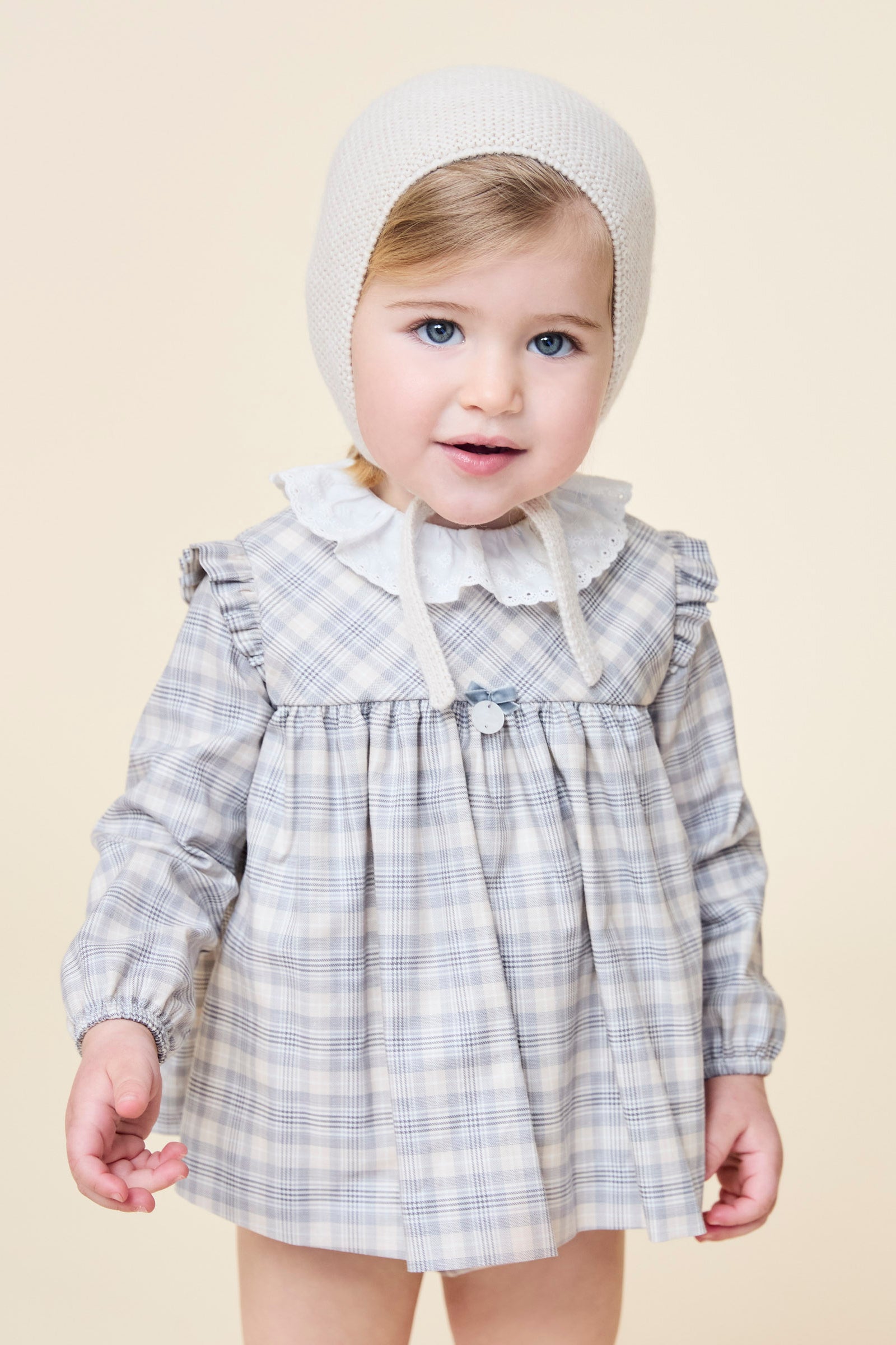 Maisie Stone Tartan Dress & Bloomers Set - Vintage Plaid Floral Print Baby Girl Outfit for Photoshoot, Holiday Party & Special Occasions