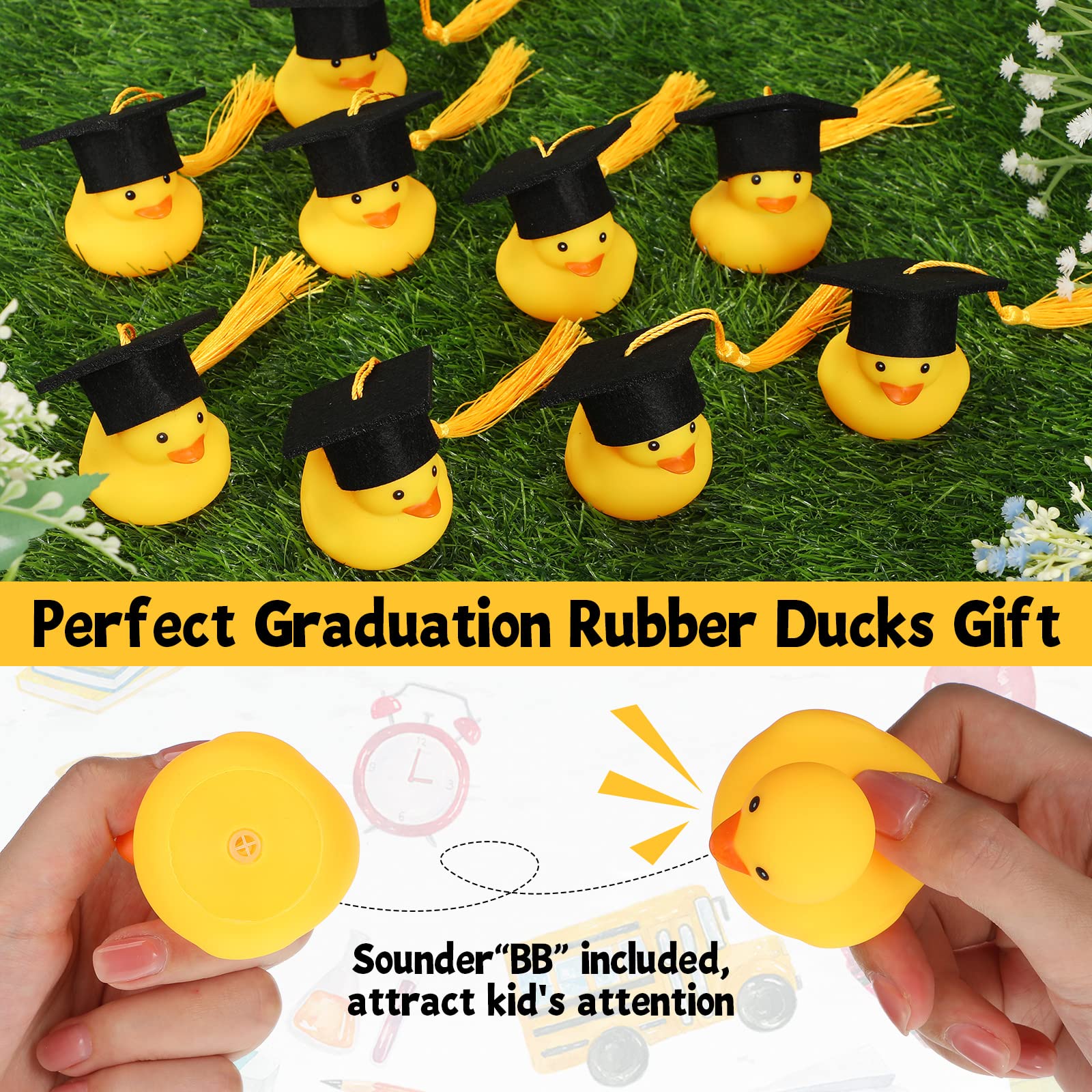 Jerify 48 Pcs Graduation Rubber Ducks with Grad Cap 2024 - Gold Diploma Themed Bath Ducks with Storage Bag - Perfect Graduation Party Favors, Student Gifts & Bath Time Fun for Celebrations
