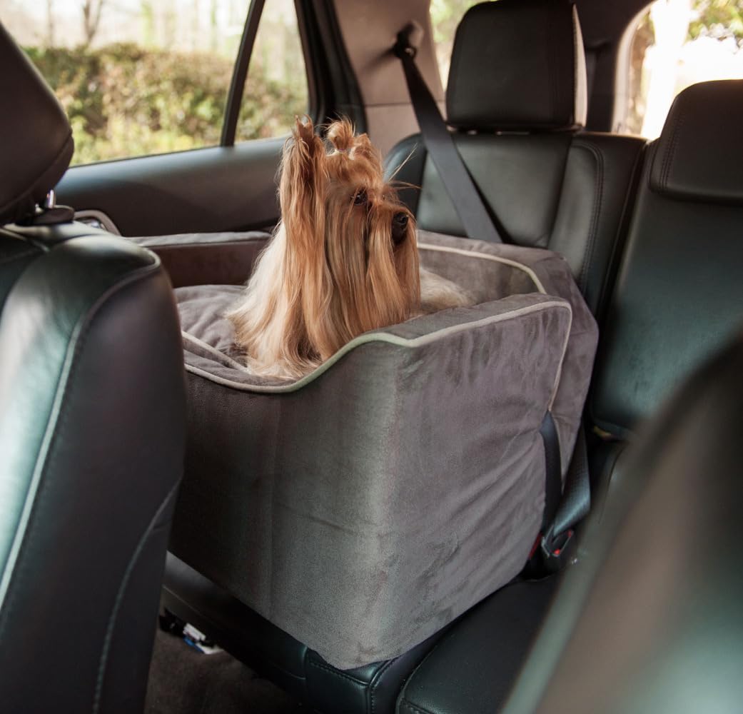 Snoozer Lookout Dog Booster Car Seat for Small Dogs Under 25lbs - Pet Safety Car Seat with Harness Strap to Prevent Motion Sickness - Dark Chocolate Removable & Machine Washable Cover - Perfect for Road Trips & Vet Visits