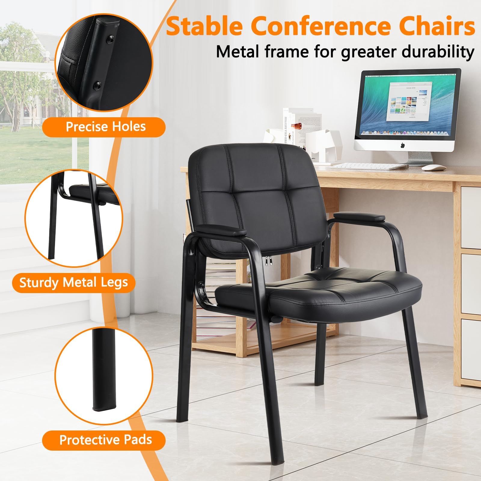 Premium CLLATINA Leather Waiting Room Chairs - Padded Arm Guest Chairs for Office Reception, Conference Room & Lobby - Black Leather Seat with No Wheels - Perfect for Clinics, Hotels & Corporate Spaces