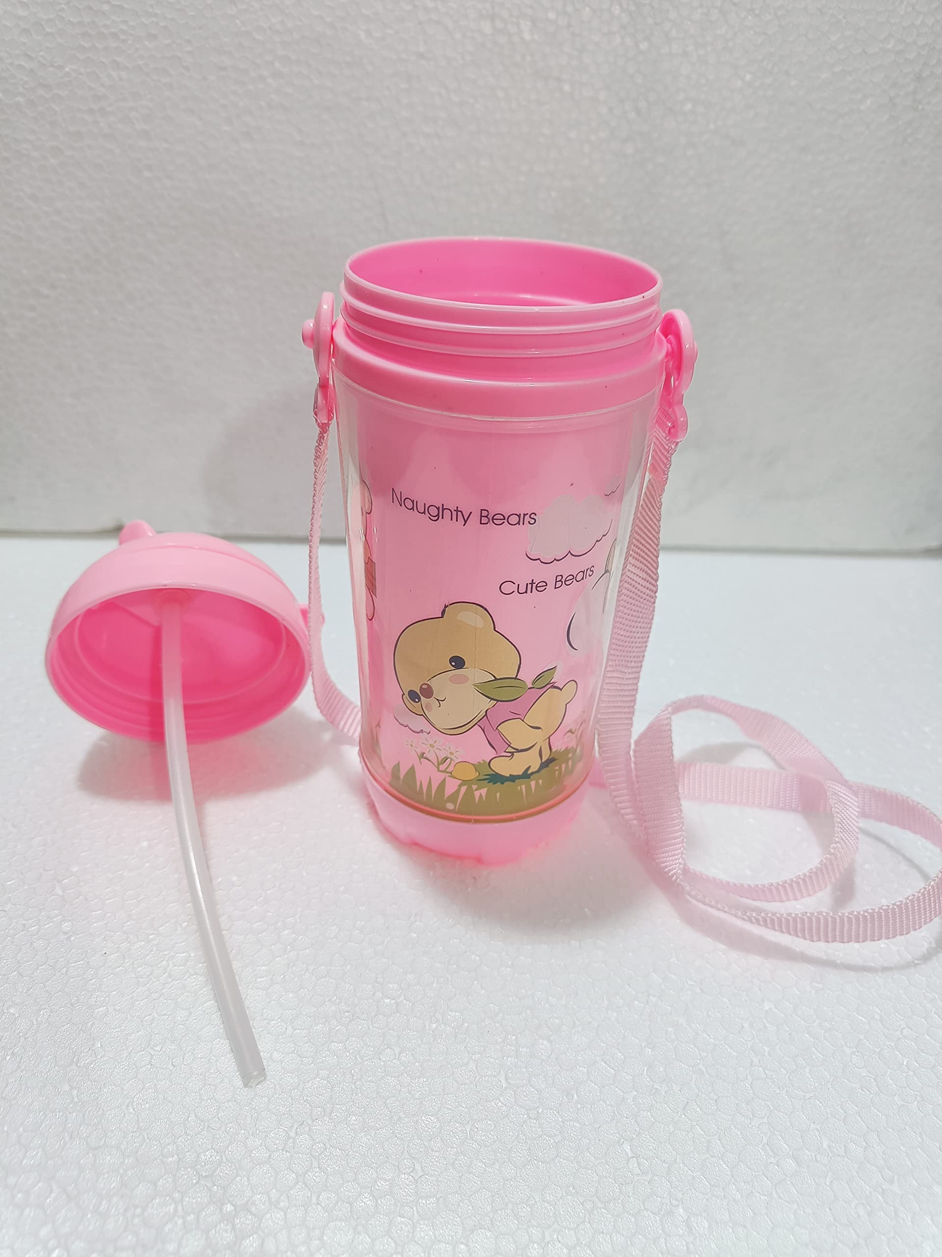 PUTHAK Cute 500ml Kids Water Bottle with Straw - BPA Free, Leak Proof Flip Top Lid, Silicone Sipper & Soft Carry Neck Strap - Cartoon Printed Pink Bottle for Girls & Boys - Perfect for School, Travel, Sports & Outdoor Activities