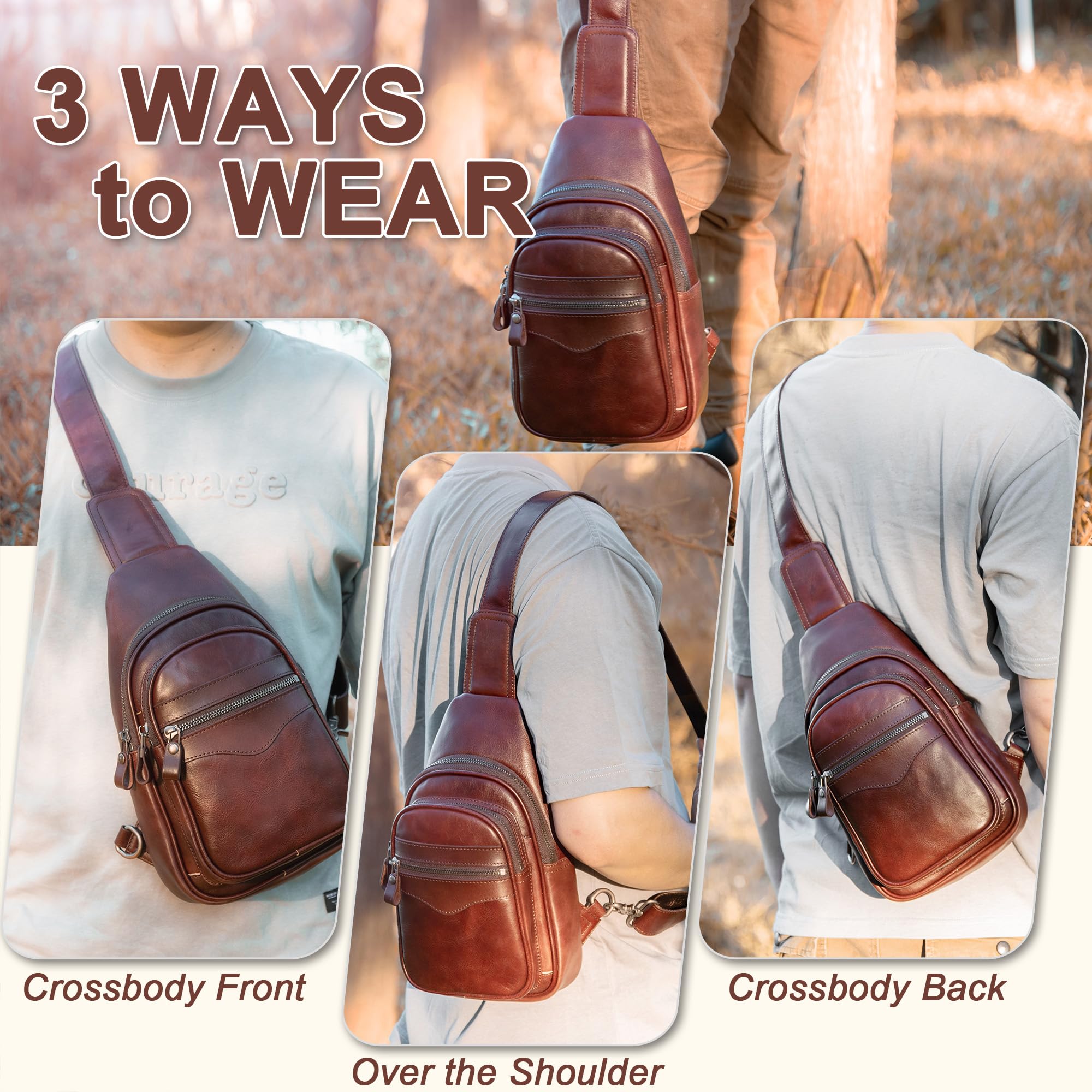 Premium Genuine Leather Sling Bag for Men & Women - Adjustable Crossbody Shoulder Bag, Chest Purse, Casual Daypack - Perfect for Travel, Work, and Everyday Use
