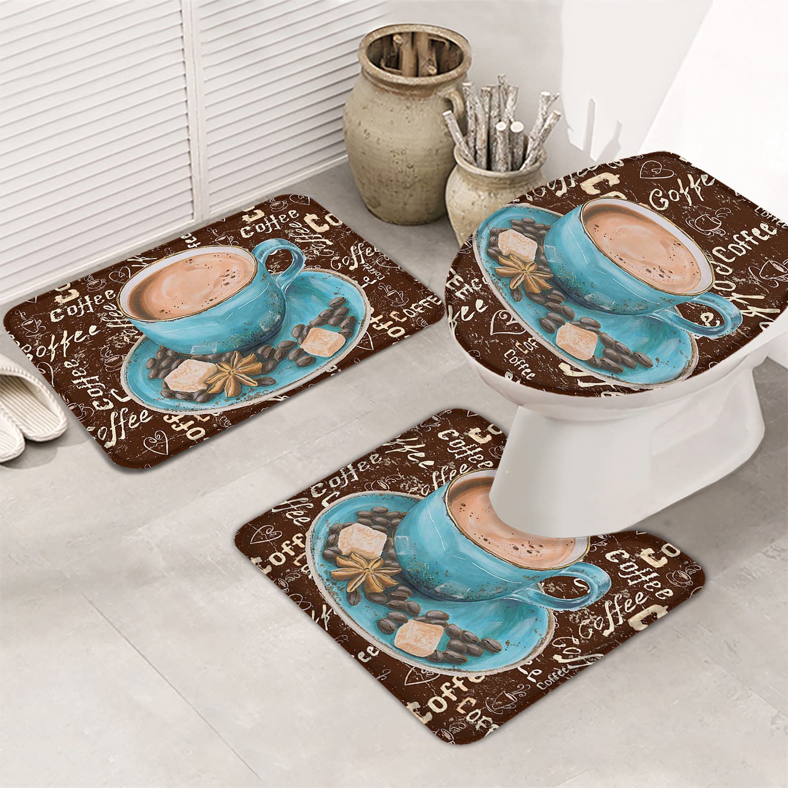 3-Piece Vintage Farmhouse Bathroom Rug Set - Non-Slip Absorbent Bath Mat, Contour Mat & Toilet Lid Cover - Soft Shower Mats for Bathroom Safety & Style - Perfect for Farmhouse, Cottage & Vintage Decor Bathrooms