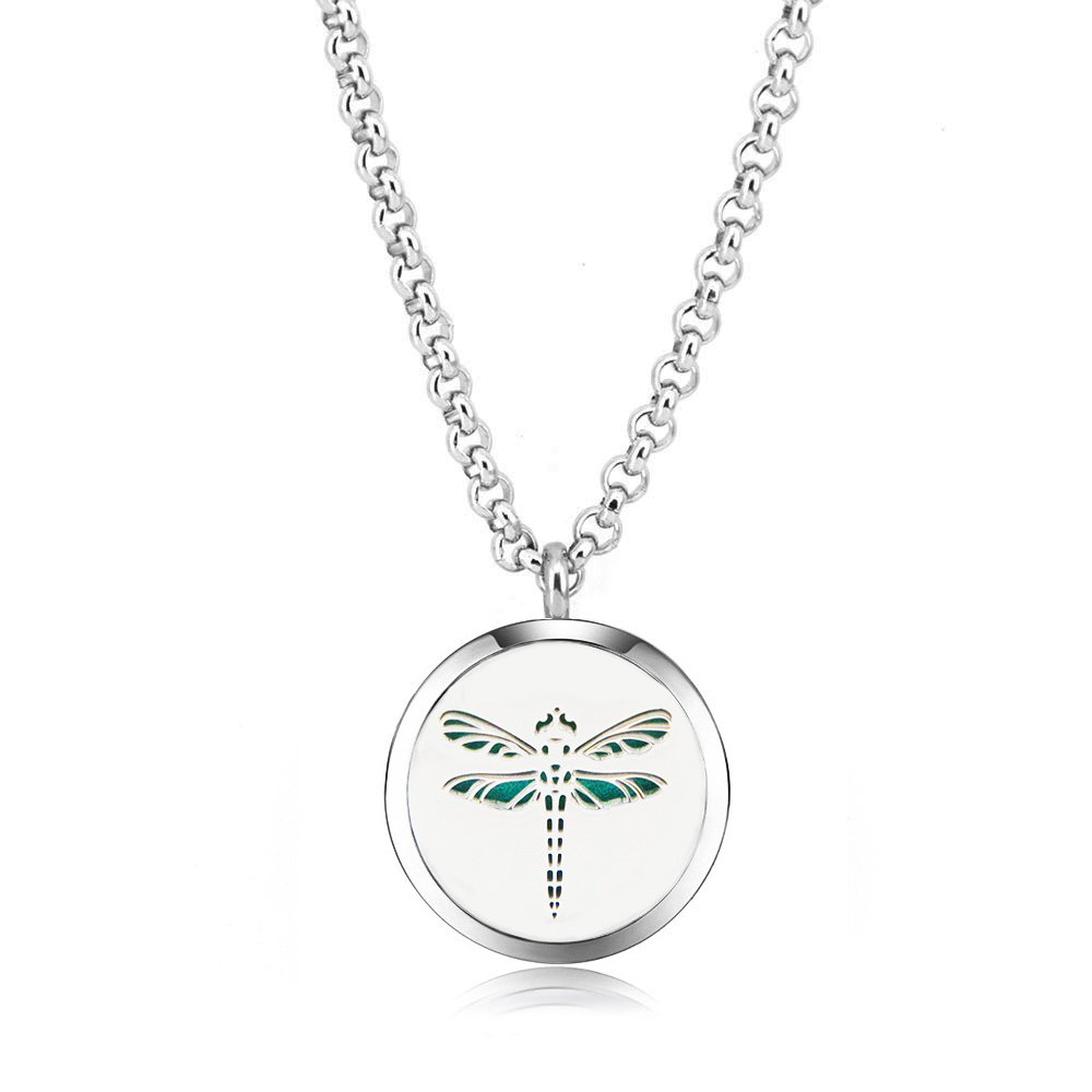30mm Aromatherapy Essential Oil Diffuser Necklace - Hypoallergenic Magnetic Locket Pendant with 24'' Chain & Pads (Dragonfly Design) for Stress Relief, Meditation & Daily Wear
