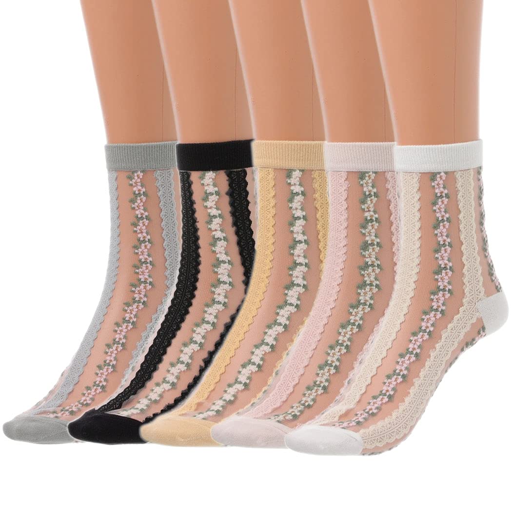 5 Pairs Women's Floral Ankle Socks - Black Breathable Elastic Silk Blend Socks with Embroidery Detail for Daily Wear & Fashion Outfits | Perfect for Work, Casual & Special Occasions