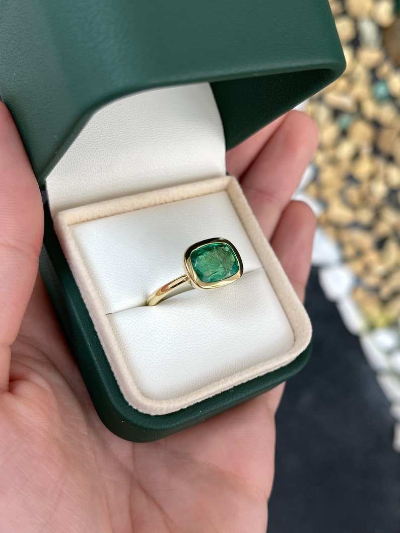 3.48ct Vivid Green East-West Emerald Engagement Ring in 18K Gold - Bezel Set Cushion Cut for Unique Style | Perfect for Proposal, Anniversary & Special Occasions