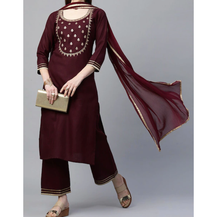 Elegant Maroon Embroidered Gotta Patti Kurta Set with Palazzos & Dupatta for Women | Festive Ethnic Wear | Perfect for Diwali, Weddings & Special Occasions
