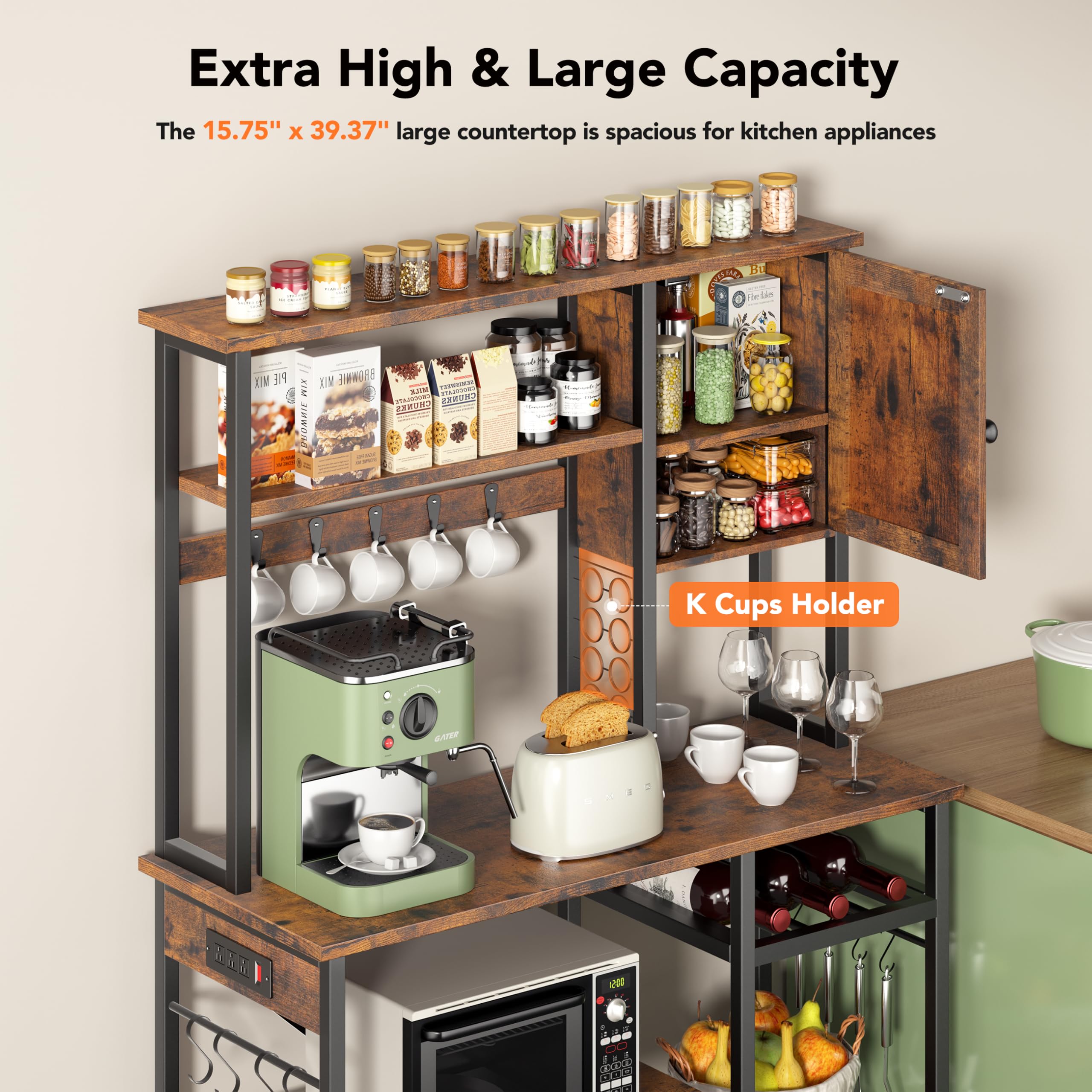 5-Tier Metal Bakers Rack with Power Outlet & Storage - Microwave Stand, Coffee Bar Organizer with K-Cup Holder, 39.37