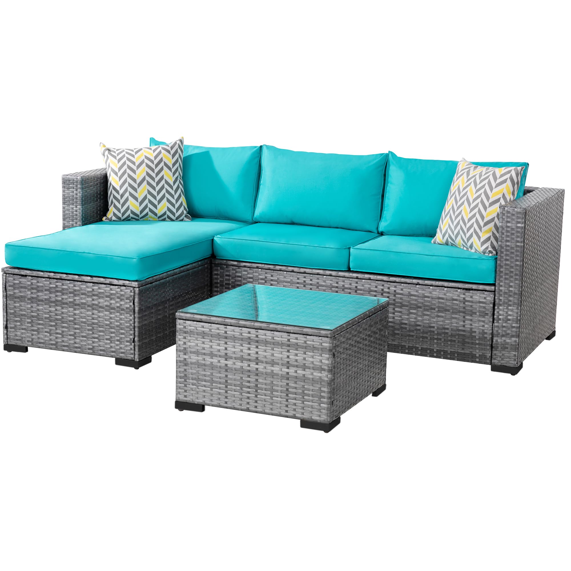 Shintenchi 3-Piece Outdoor Patio Furniture Set - All-Weather Wicker Sectional Sofa with Washable Cushions & Glass Table - Silver & Blue Conversation Set for Garden, Backyard, Poolside or Balcony