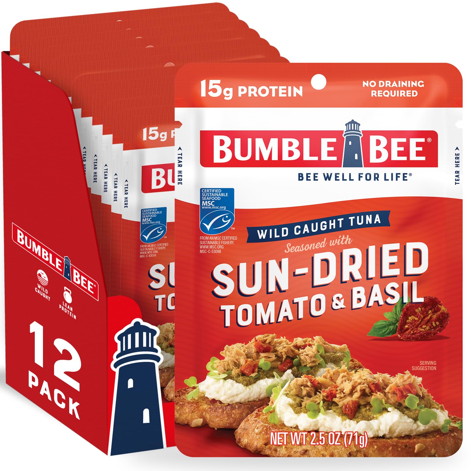 Bumble Bee Sun-Dried Tomato & Basil Seasoned Tuna, 2.5 oz Pouches (Pack of 12) - Wild Caught, Ready to Eat Protein Snack - 15g Protein per Serving - Gluten Free & Keto Friendly - Perfect for Lunch Box, Camping & On-the-Go Meals