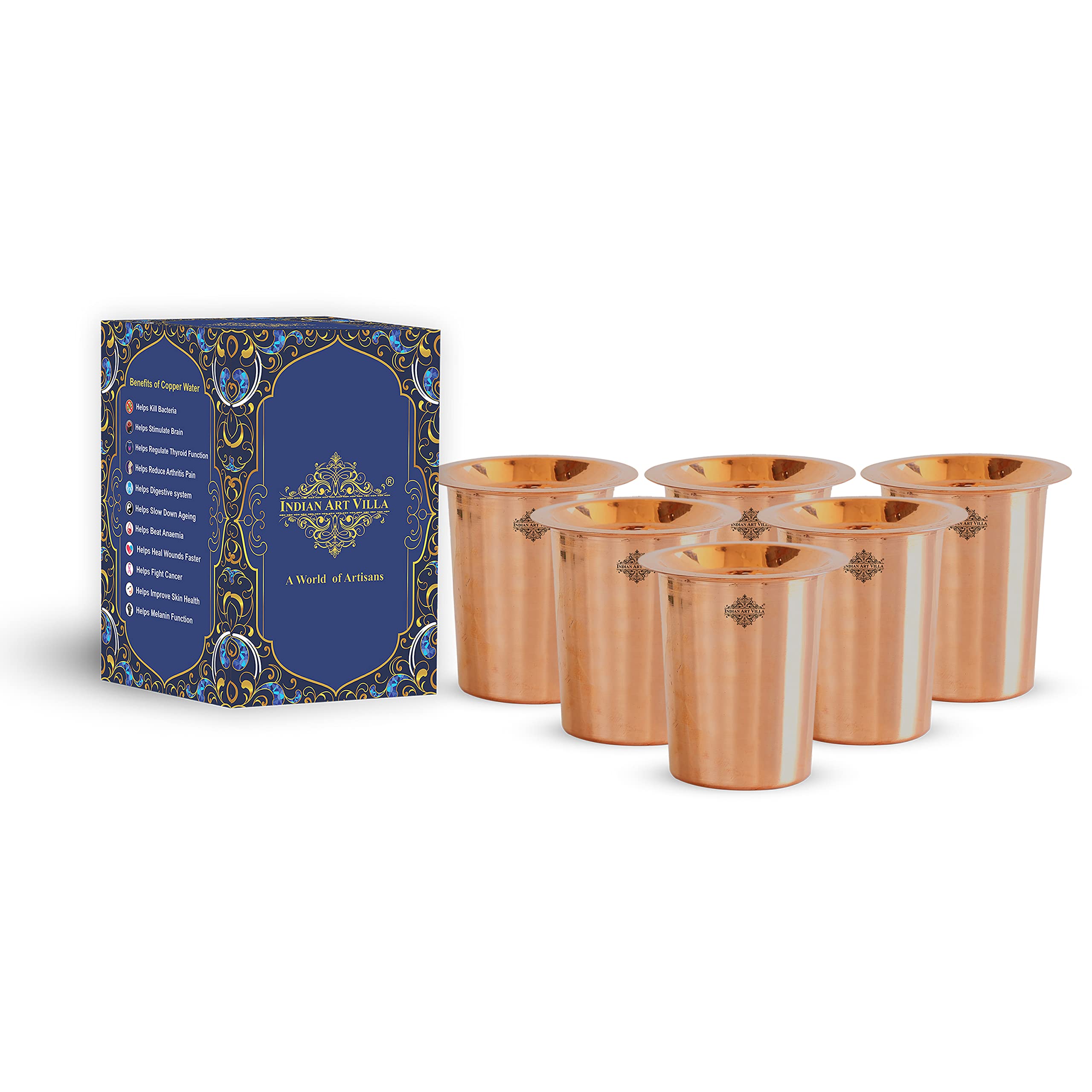 Pure Copper Glass Tumbler with Lid - 10 oz Capacity Set of 6 - Indian Handcrafted Goblet Cups for Water, Juice & Beverages - Perfect for Home, Hotel, Restaurant & Kitchen Dining Use