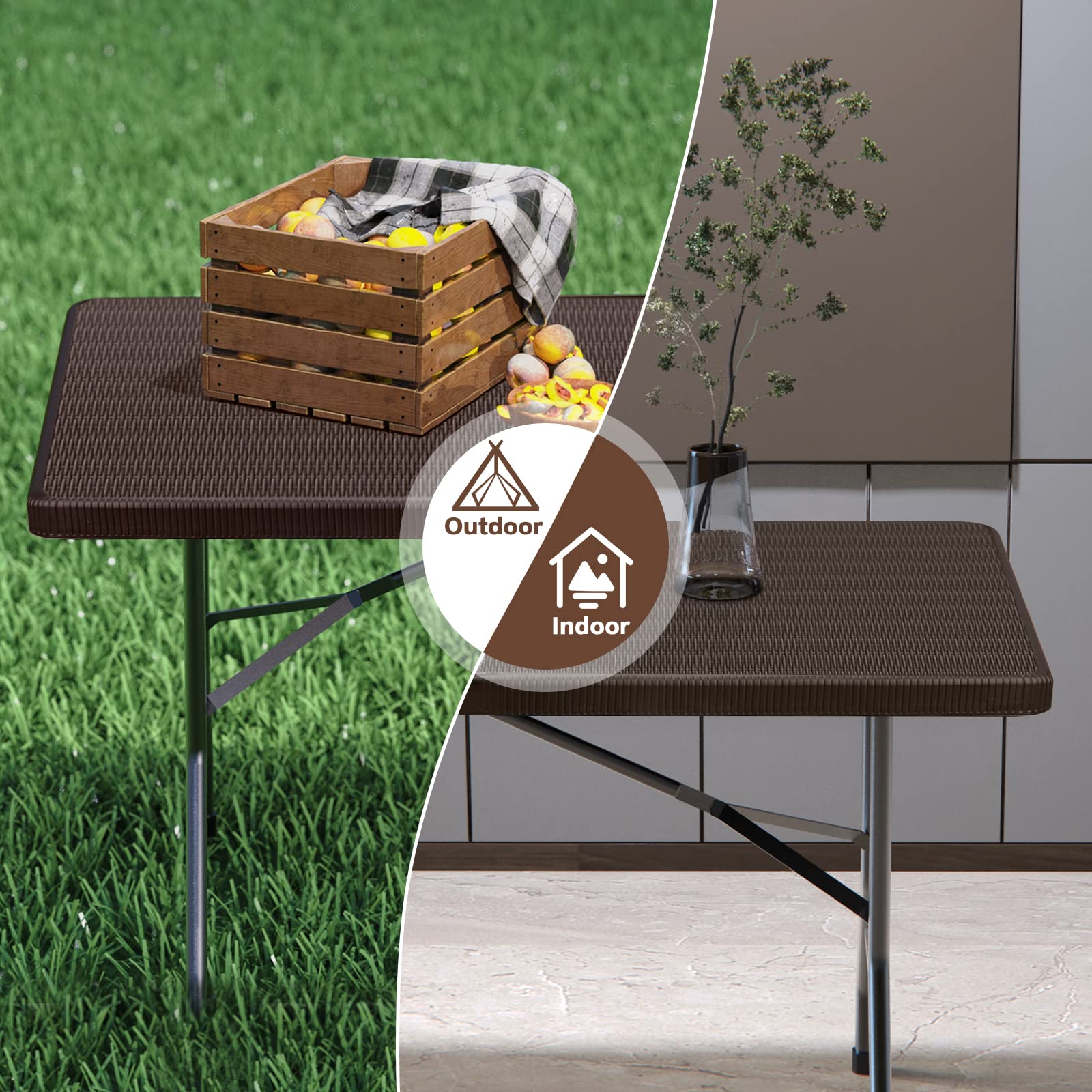 Todeco 6FT Heavy Duty Folding Table - Imitated Rattan Portable Indoor Outdoor Picnic Party Dining Camping Table with Handle, Brown - Perfect for Backyard BBQ, Beach Trips & Tailgating