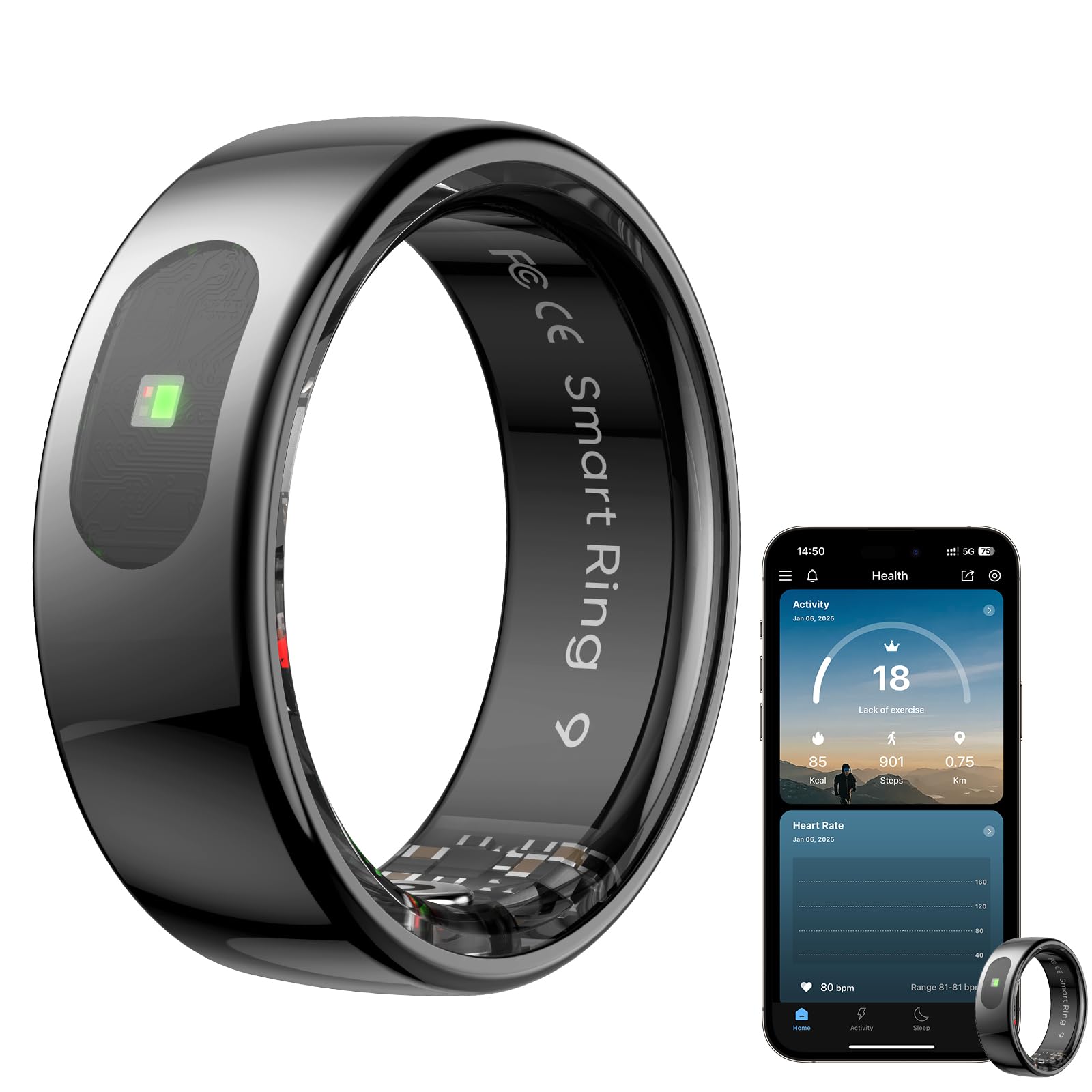 Smart Fitness Ring - Sleep & Motion Tracker for Women & Men | iOS/Android | Black