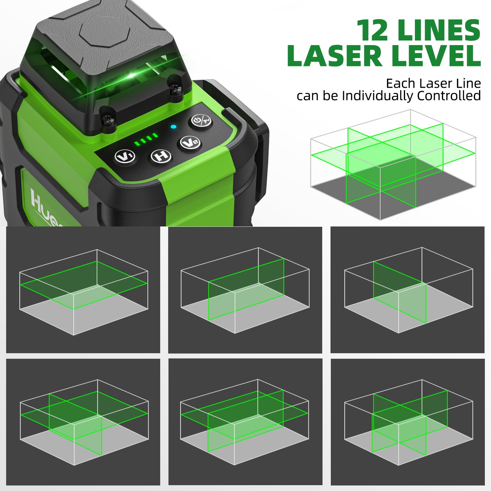 Huepar HM03CGTP 3D Cross Line Laser Level - 3 x 360° Self-Leveling Green Beam with Li-ion Battery, USB-C Charging, Hard Case & Tape Measure | Perfect for Construction, Renovation, Tile Installation & DIY Home Projects