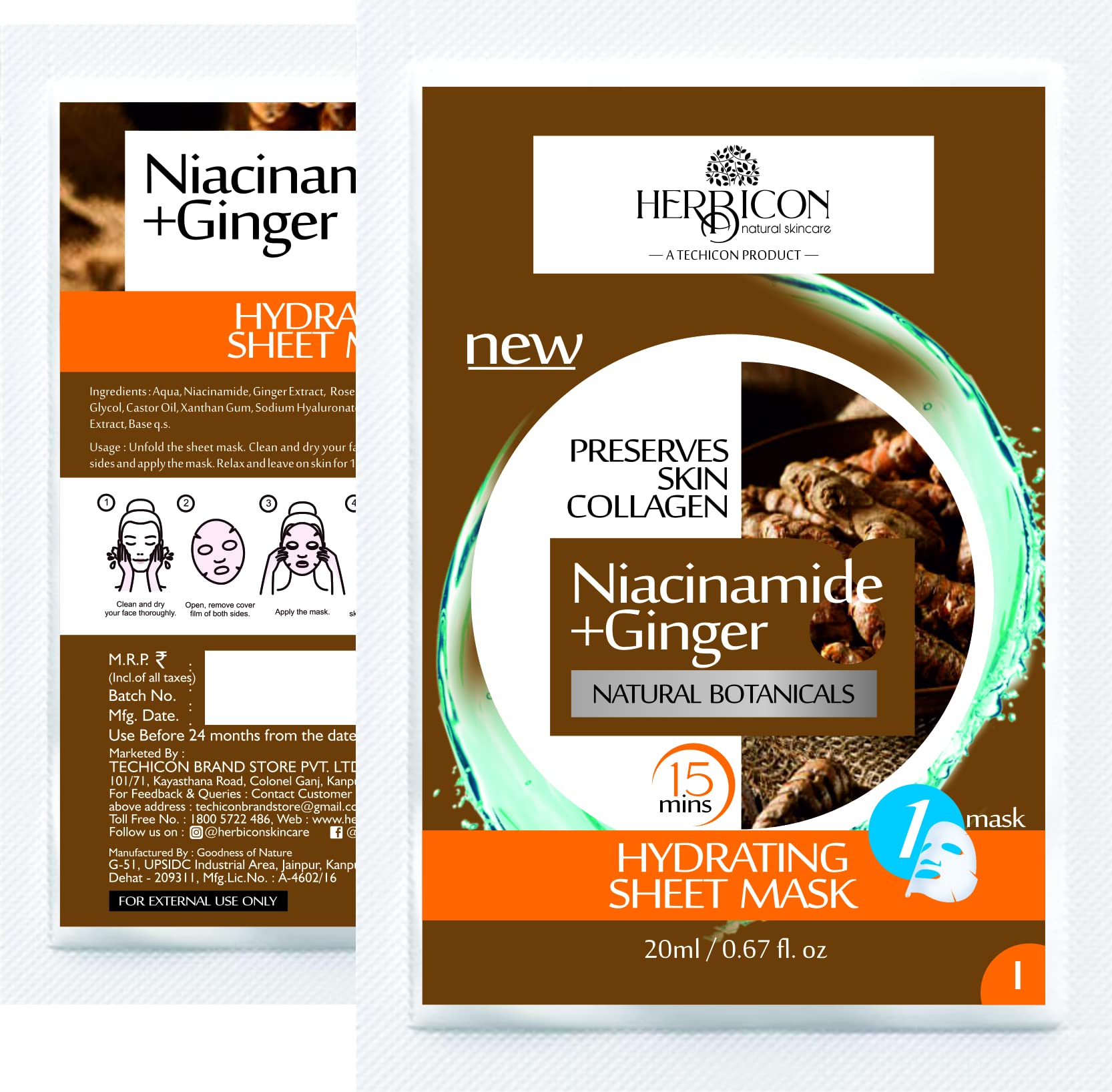 Niacinamide Face Sheet Mask with Ginger Extract for Clear & Glowing Skin - Brightening & Hydrating Facial Mask for Dark Spots & Acne - 20g (5 Pack) | Perfect for Daily Skincare Routine & Spa Night