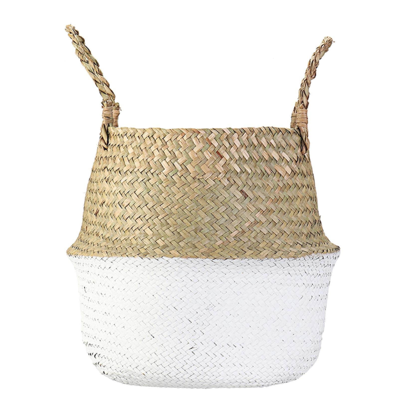 Handmade Seagrass Baskets - Foldable Bamboo Storage Baskets for Laundry, Garden, and Home Decor - 22X19cm White Wicker Rattan Planter Basket - Perfect for Organizing, Flower Pots, and Coastal Style Decor