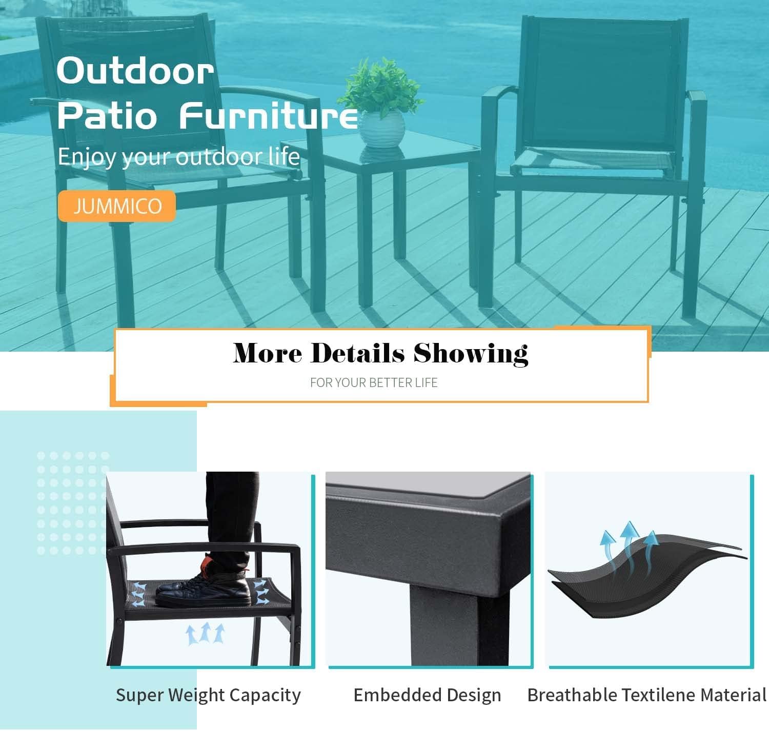 JUMMICO 3-Piece Outdoor Patio Furniture Set - Textilene Chairs & Coffee Table, Modern Bistro Conversation Set for Lawn, Garden, Balcony, Poolside, Porch (Black) | Perfect for Relaxing, Entertaining & Outdoor Dining