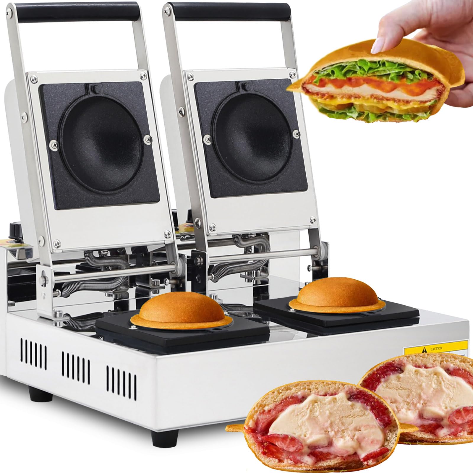 Commercial Electric Gelato Panini Press Machine - 1200W, 110V, Double Head Ice Cream Sandwich & Stuffed Waffle Maker for Restaurants, Cafes & Dessert Shops - Perfect for Making Gelato Sandwiches, Burgers & Sweet Waffles