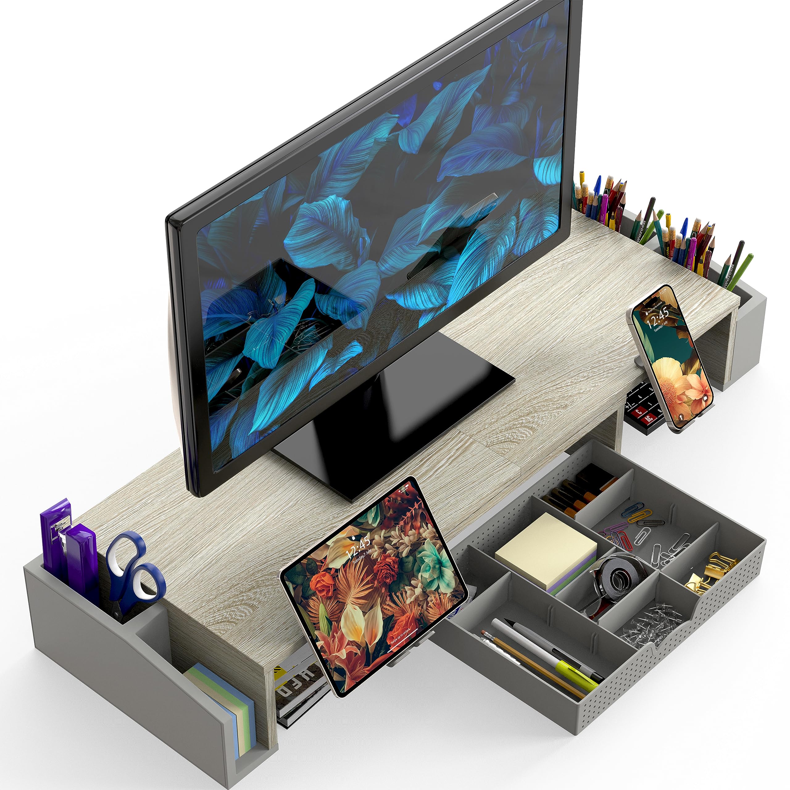 Dual Monitor Stand Riser with Storage Drawer - Maple Wood Desktop Organizer for Home & Office Workspace