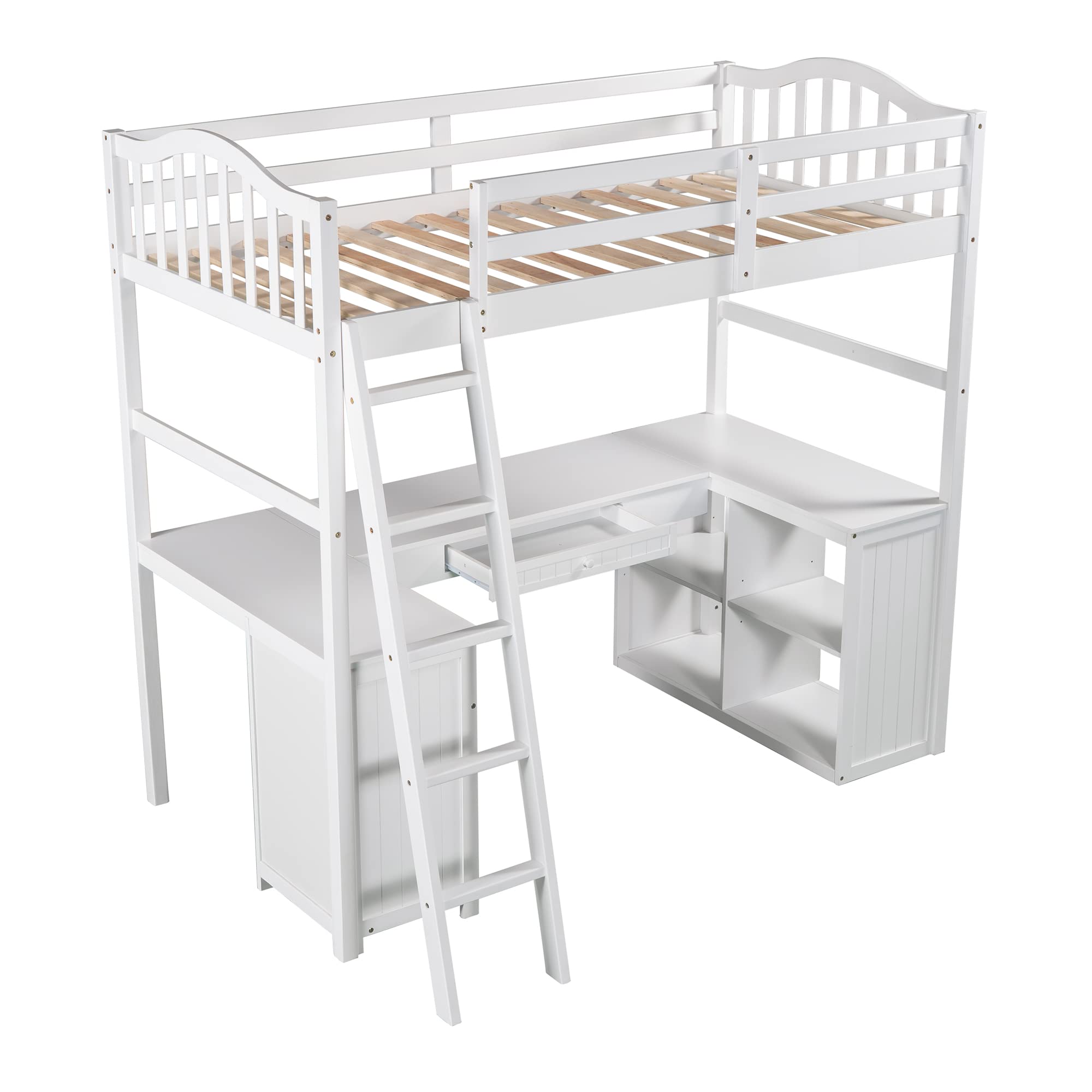 Harper & Bright Designs Wooden Twin Loft Bed with Desk, Drawers & Storage Shelves - Space-Saving Kids Bedroom Furniture for Small Rooms - Perfect Study & Sleep Solution for Boys, Girls, Teens & Adults (White)