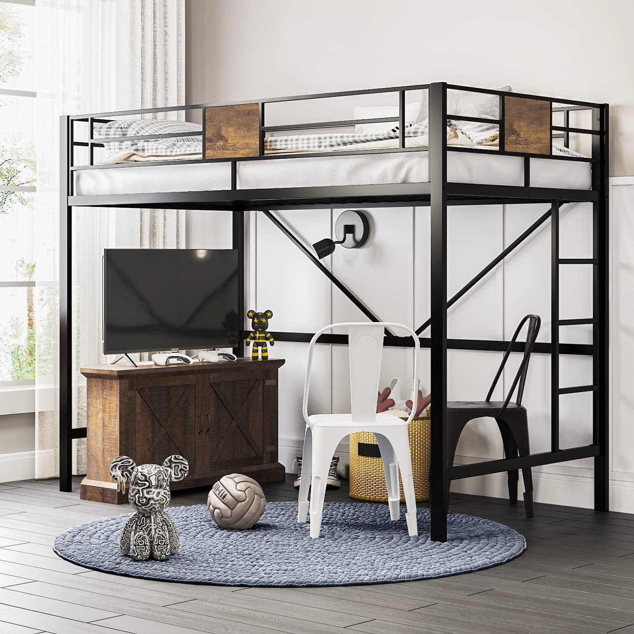 Rustic SHA CERLIN Twin Loft Bed with Ladder & Guardrail - Space-Saving Metal Slat Design (No Box Spring Needed) - Perfect for Small Bedrooms, Dorms & Studio Apartments