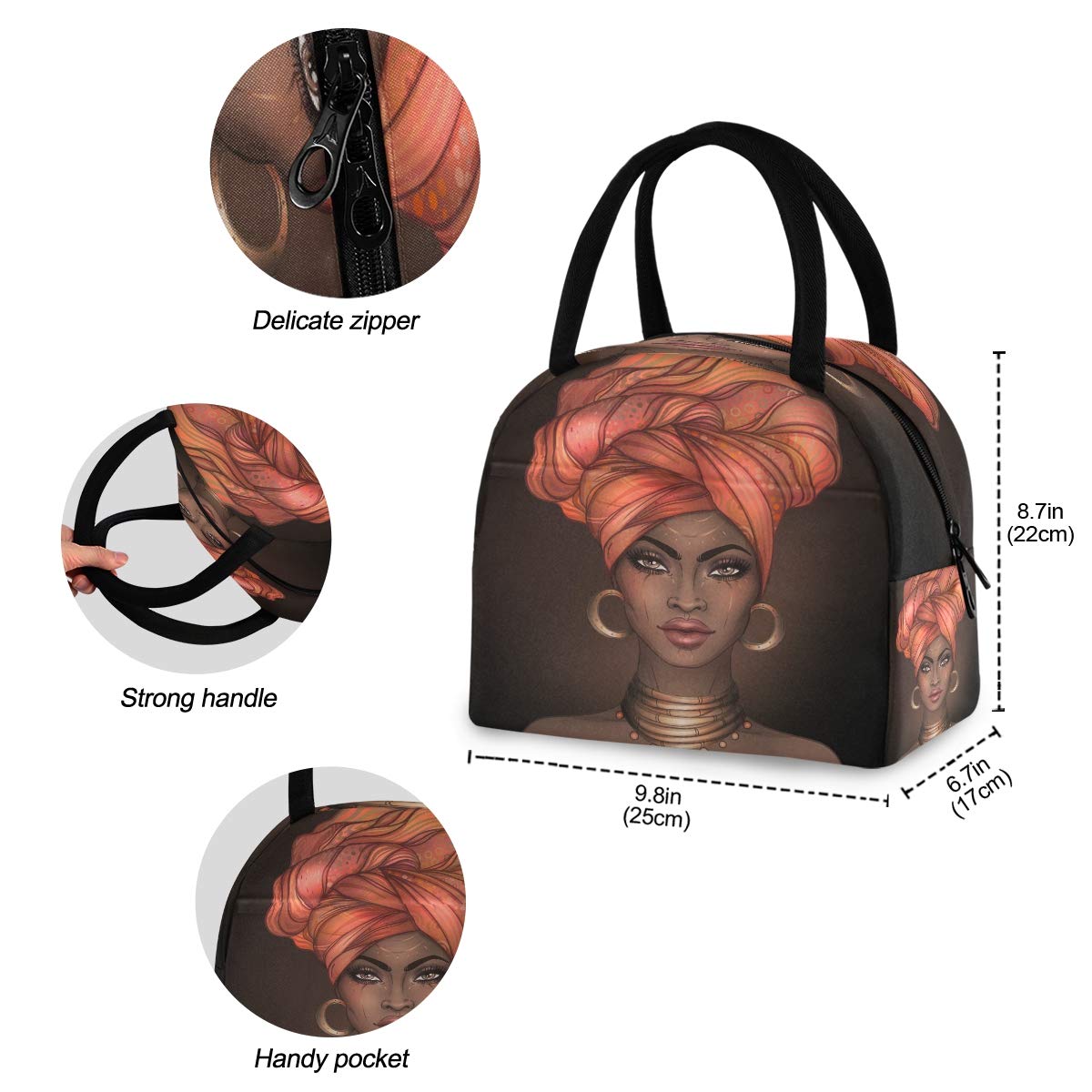 Stylish African Print Insulated Lunch Bag for Women - Reusable Tote Cooler Bag with Pretty Girl Design - Perfect for Work, School, Picnics & Outdoor Activities