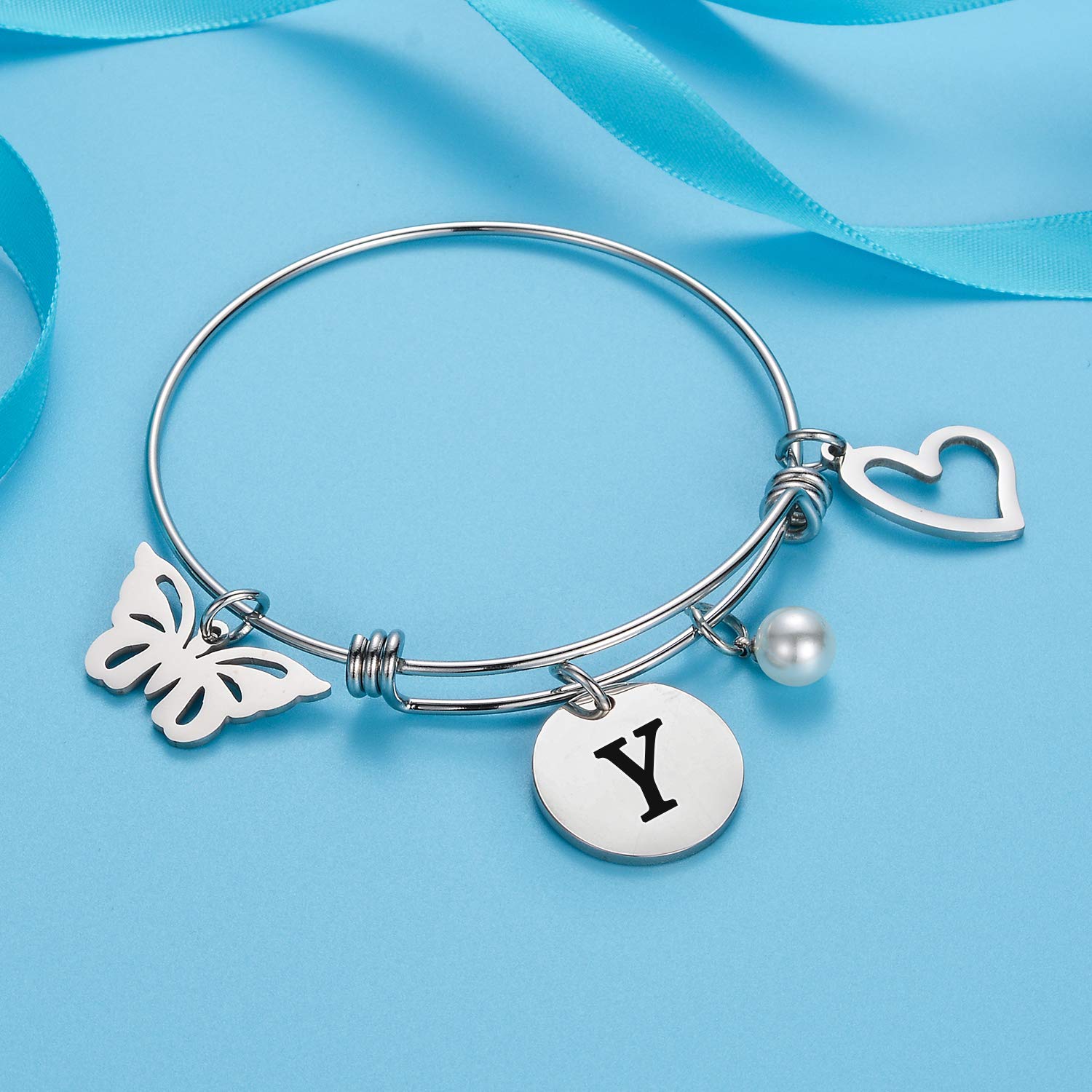 Personalized Initial Charm Bracelet for Women - Heart & Butterfly Alphabet Letter Bracelet (A-Z) | Custom Name Jewelry Gift for Her, Birthday, Anniversary, Valentine's Day