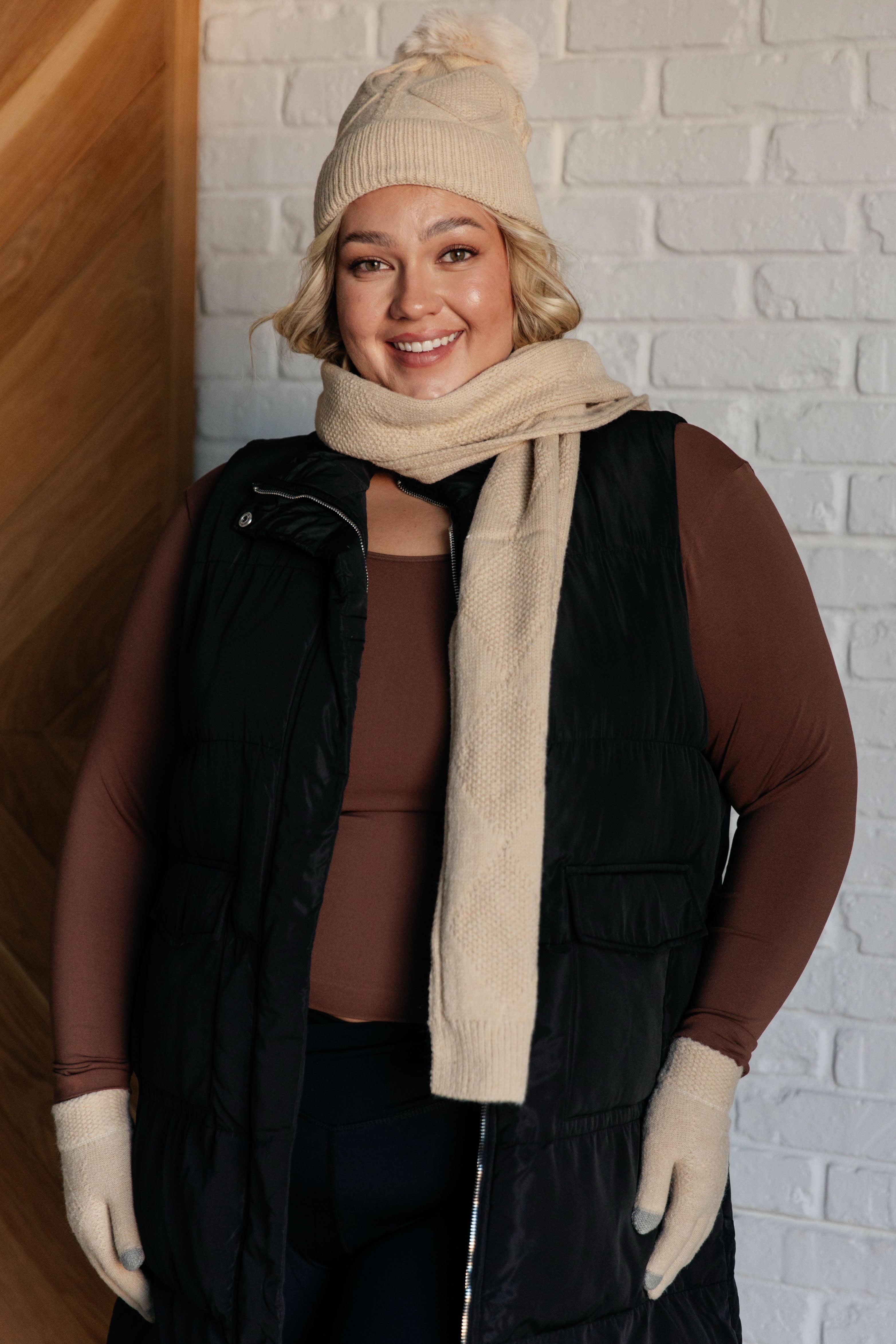 Jane Frost Beanie, Glove, and Scarf Set in Beige - Winter Knit Accessories for Women | Cozy & Warm for Outdoor Activities, Skiing, and Snowboarding