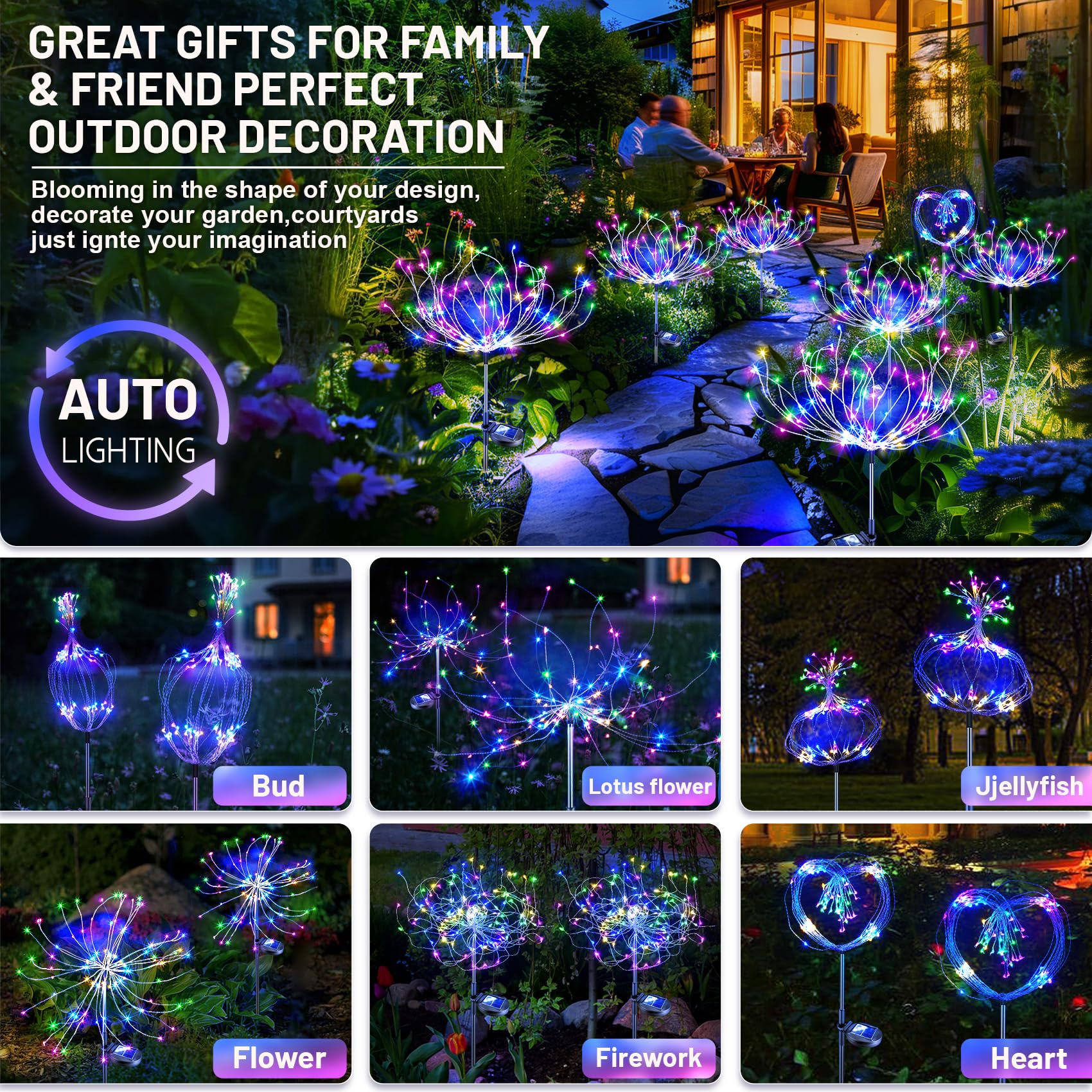 Solar Fireworks Garden Lights Outdoor Decor - Waterproof LED Fairy Starburst Sparklers for Yard, Patio, Pathway & Lawn Decoration | Twinkle Lighting for Flowerbeds, Parties & Landscape Design