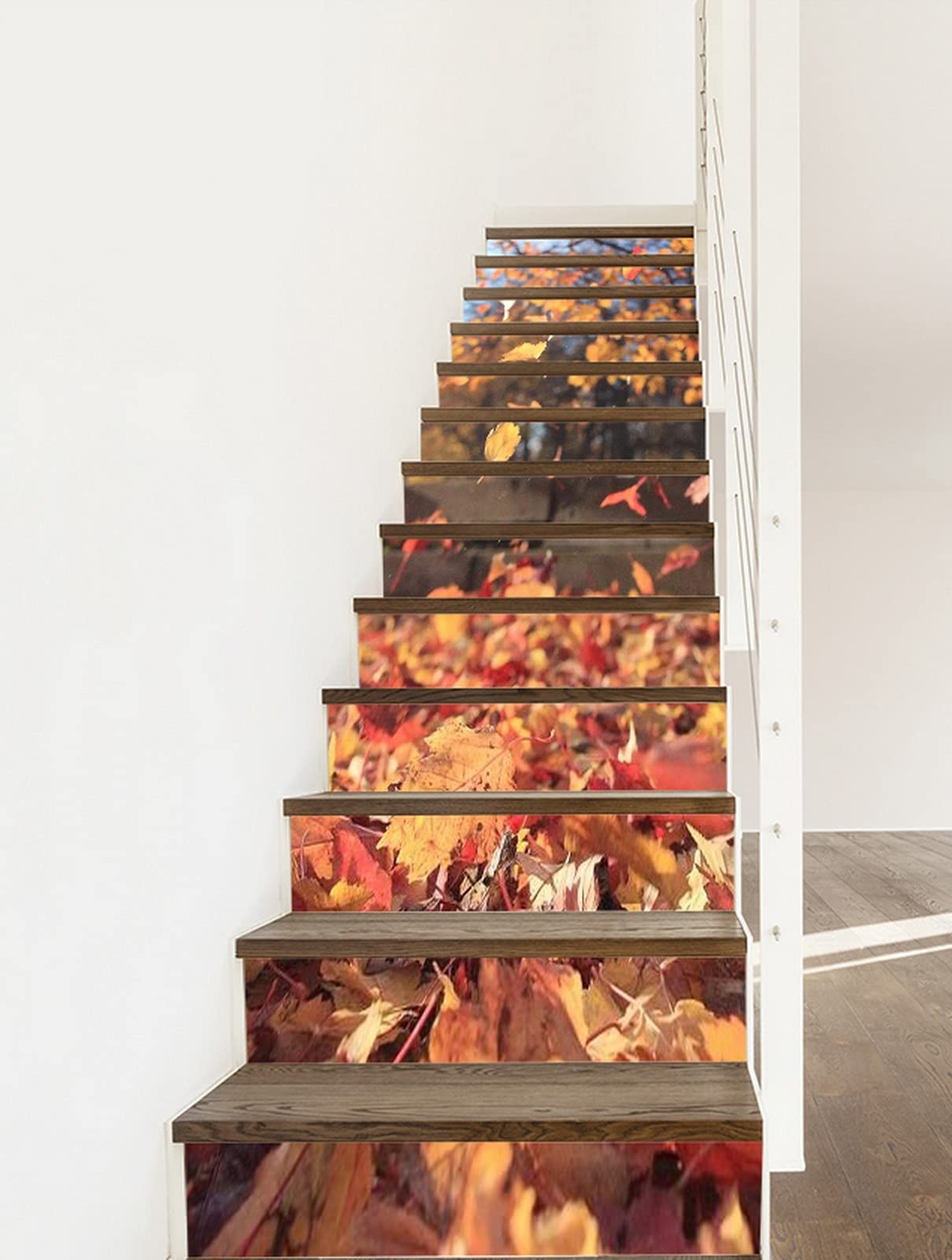3D Self-Adhesive Removable Stair Stickers - Autumn Forest with Falling Golden Leaves Nature Scenery Vinyl Decals for Stair Risers, Kitchen Tiles, Walls (13-Piece Set) | Perfect for Home Decor, Seasonal Themes, and DIY Interior Design Projects
