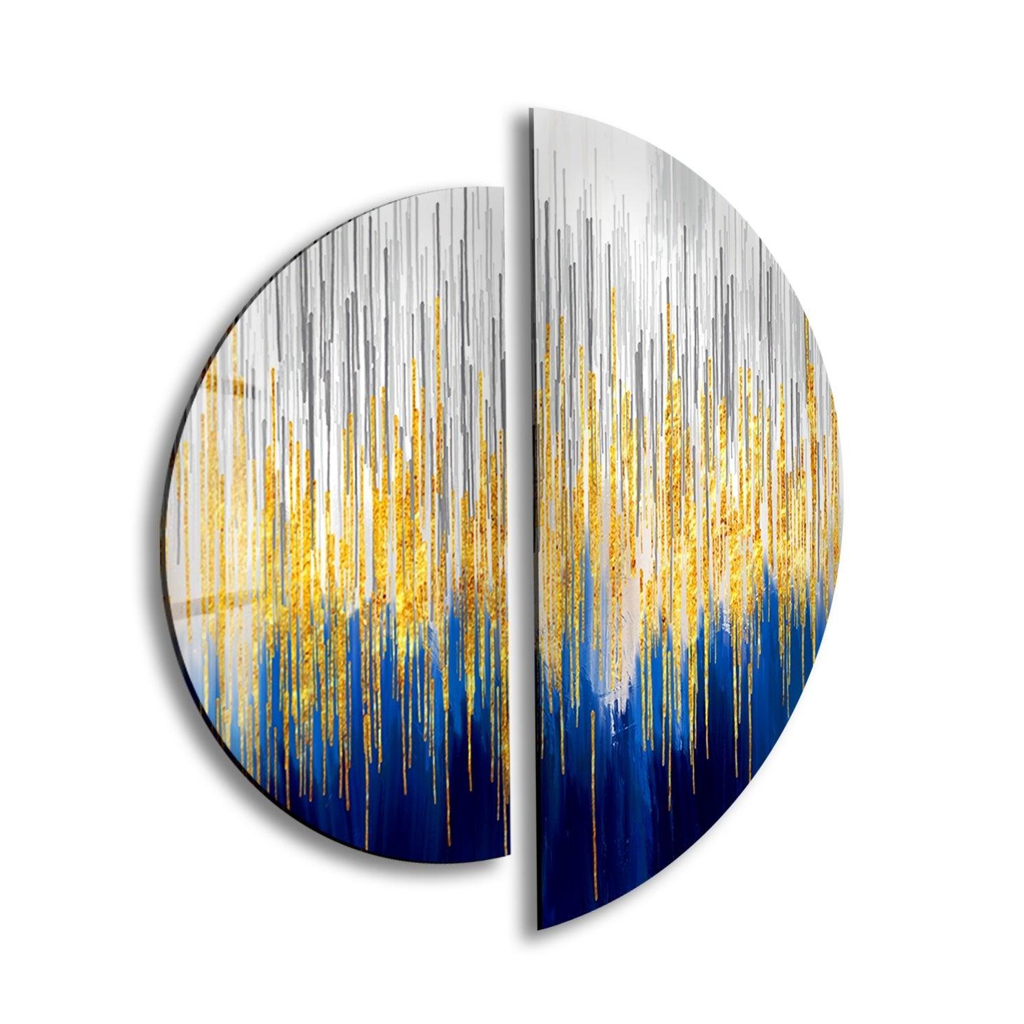 2 Piece Gold & Blue Abstract Glass Wall Art Set - Modern Home Decor for Living Room, Bedroom & Office - Handmade Glass Panel Artwork for Unique Interior Design