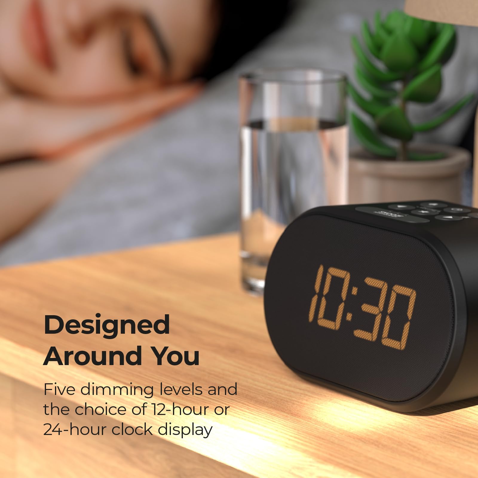 i-Box Alarm Clock with FM Radio, USB Charging Port & Dimmable LED Display - Battery or Mains Powered, Silent Non-Ticking Design - Perfect Bedside Clock for Home, Office, Travel & Gift Giving (Black)