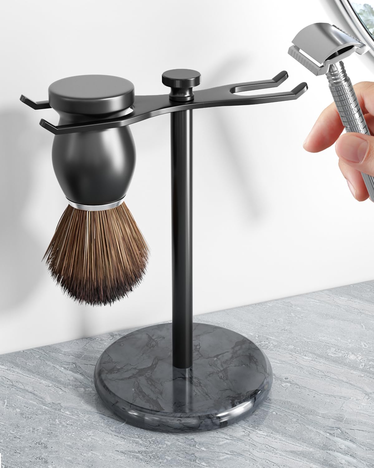 Premium Marble Safety Razor Stand with Brush Holder - Heavy Duty Black Metal Base, Extra Wide Openings for All Razor Types & Shaving Brushes | Perfect for Barber Shops, Home Bathrooms & Travel Grooming Kits