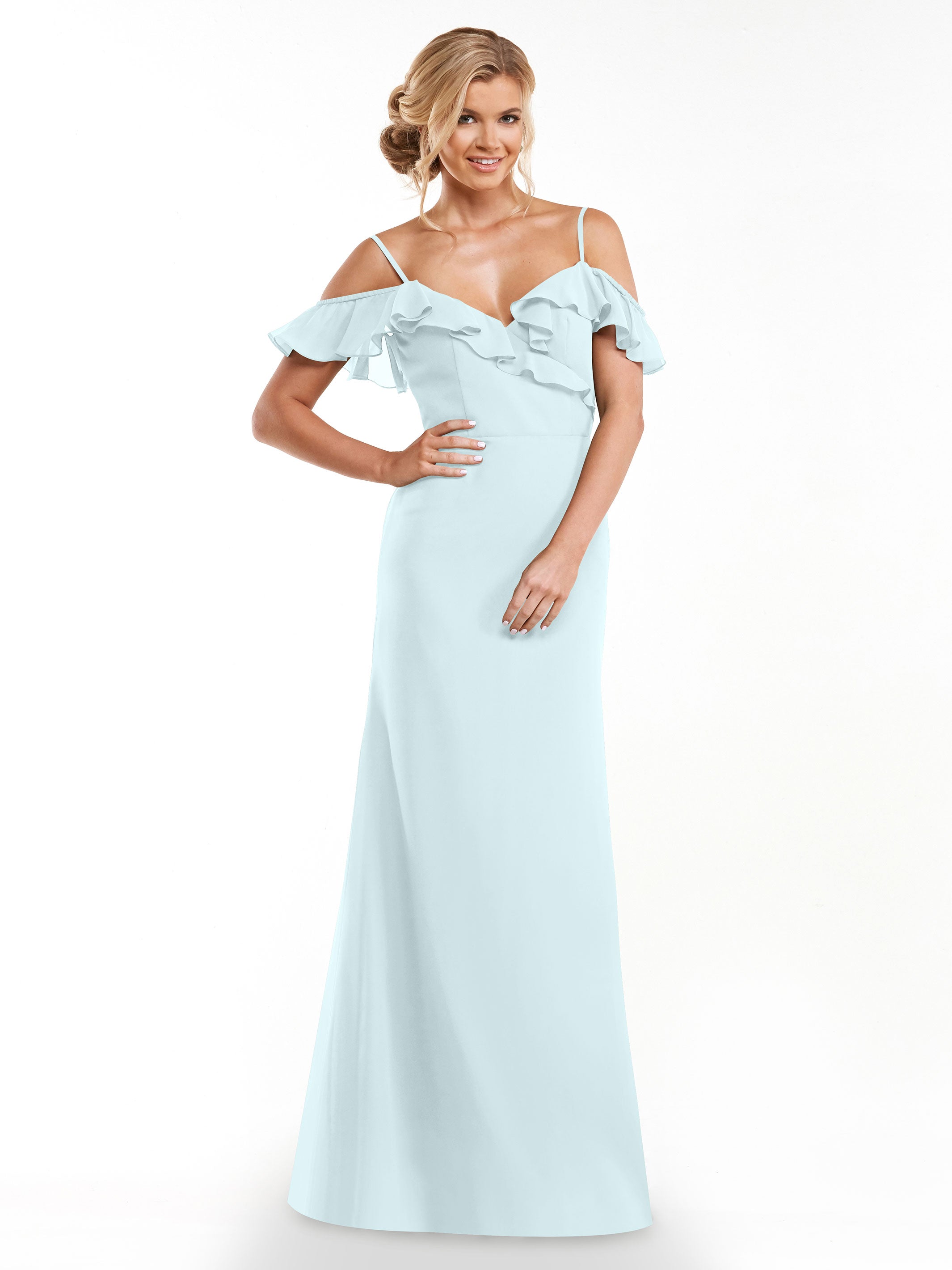 Elegant 80172 Chiffon Off-The-Shoulder A-Line Bridesmaid Dress with Ruffled Neckline - Perfect for Weddings, Formal Events & Special Occasions