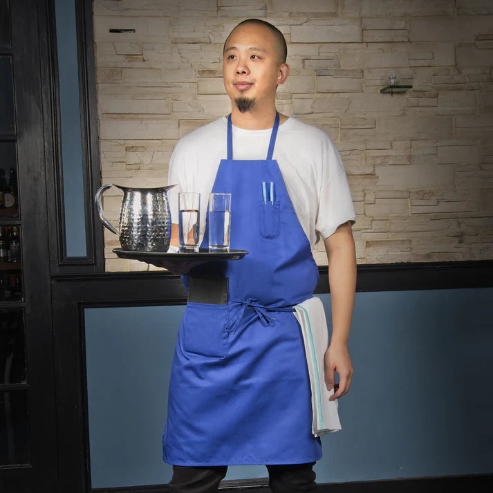 Winco Full Length Bib Apron with Pockets - Heavy Duty Blue Kitchen Apron for Cooking, Grilling & BBQ - Ideal for Chefs, Bartenders & Home Cooks