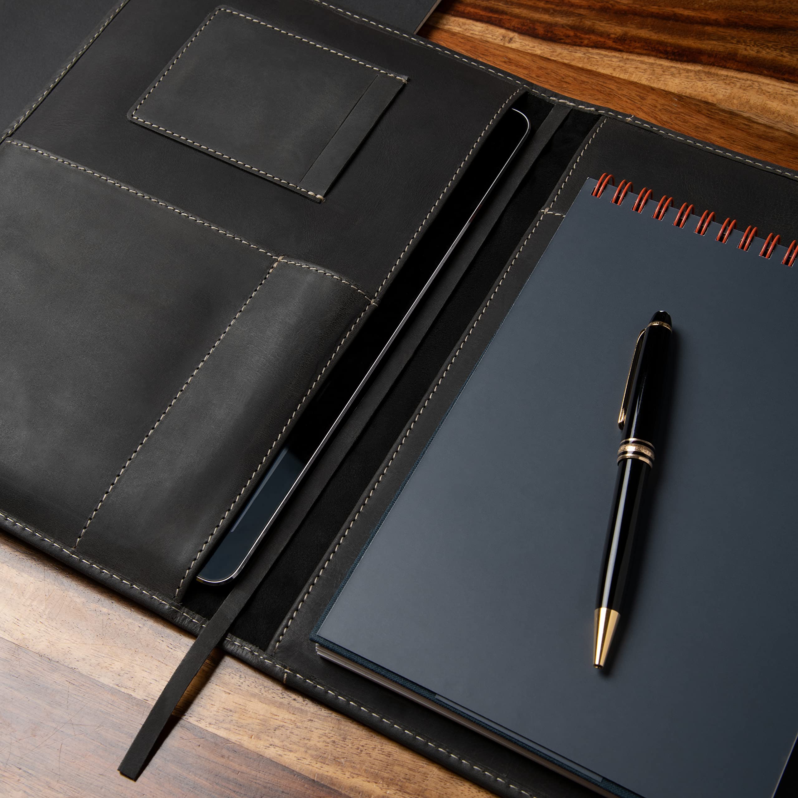 Premium Theodore Black Leather Notebook Cover 7.8 x 10.8 Inch - Professional Journal Organizer with Tablet Pocket, Phone Holder, Business Card Slots & Pen Loop - Fits Moleskine XL Notebooks - Perfect for Business Meetings, Office Work & Travel Organization