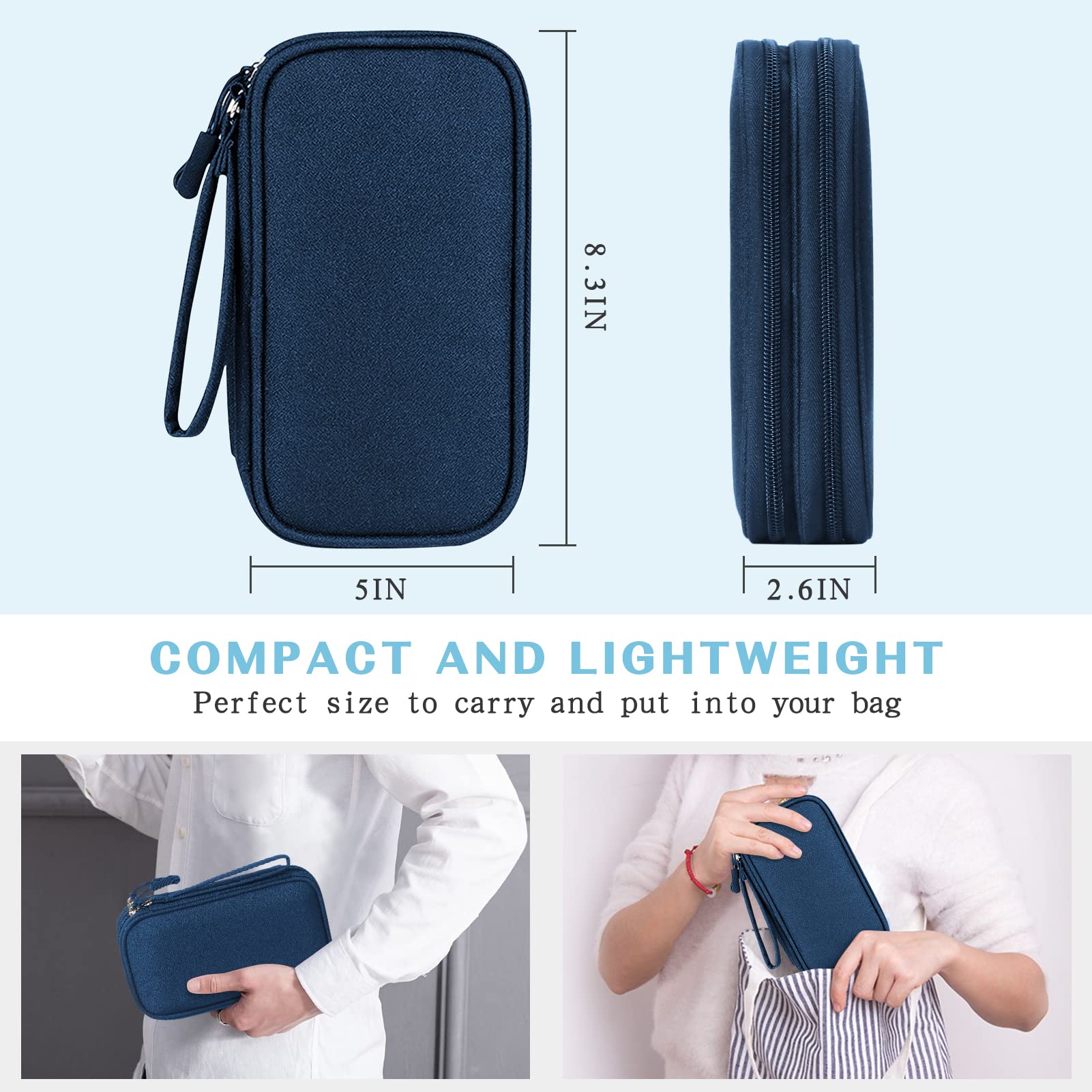 FYY Electronic Organizer Bag - Waterproof Travel Cable Organizer Pouch with Double Layers for Charger, Phone, Earphone, Cord Storage - Medium Size Navy - Perfect for Travel, Office & Daily Commute