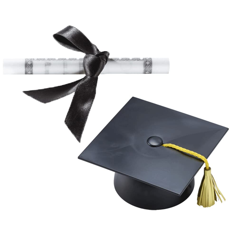 Black Plastic Graduation Cap Cake Topper with Large Paper Diploma - Perfect for Graduation Party Decorations, School Celebrations & Commencement Cakes