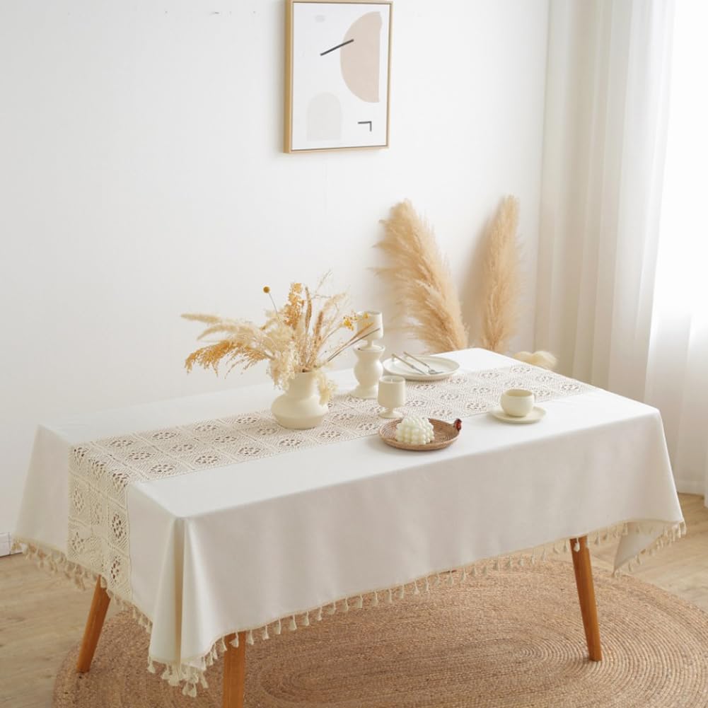 AMZALI Farmhouse Tablecloths - Washable Rectangle Dining Table Cover, Dust-Proof Crochet Patchwork Tablecloth for Kitchen, Wedding, Party & Banquet - Beige - Perfect for Rustic Decor, Holiday Gatherings & Everyday Dining