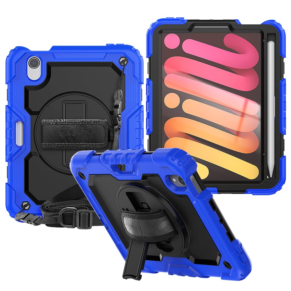 CLARKCAS iPad Mini 6 Case (2021 8.3-inch 6th Generation) with Screen Protector & Pencil Holder - 360° Rotating Stand, Shockproof Rugged Cover with Hand Strap for Kids - Perfect for School, Travel & Outdoor Use - Blue