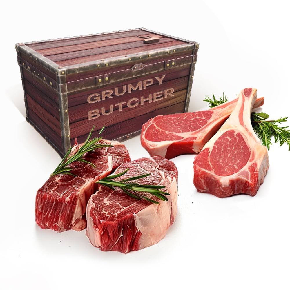 Premium Grumpy Butcher Steaks & Pork Chops Gift Box - 2 Top Sirloin Steaks (6 oz) & 2 Duroc Bone-in Pork Chops (14 oz) - Gourmet Meat Gift Package for Special Occasions, BBQ Parties & Holiday Gifting