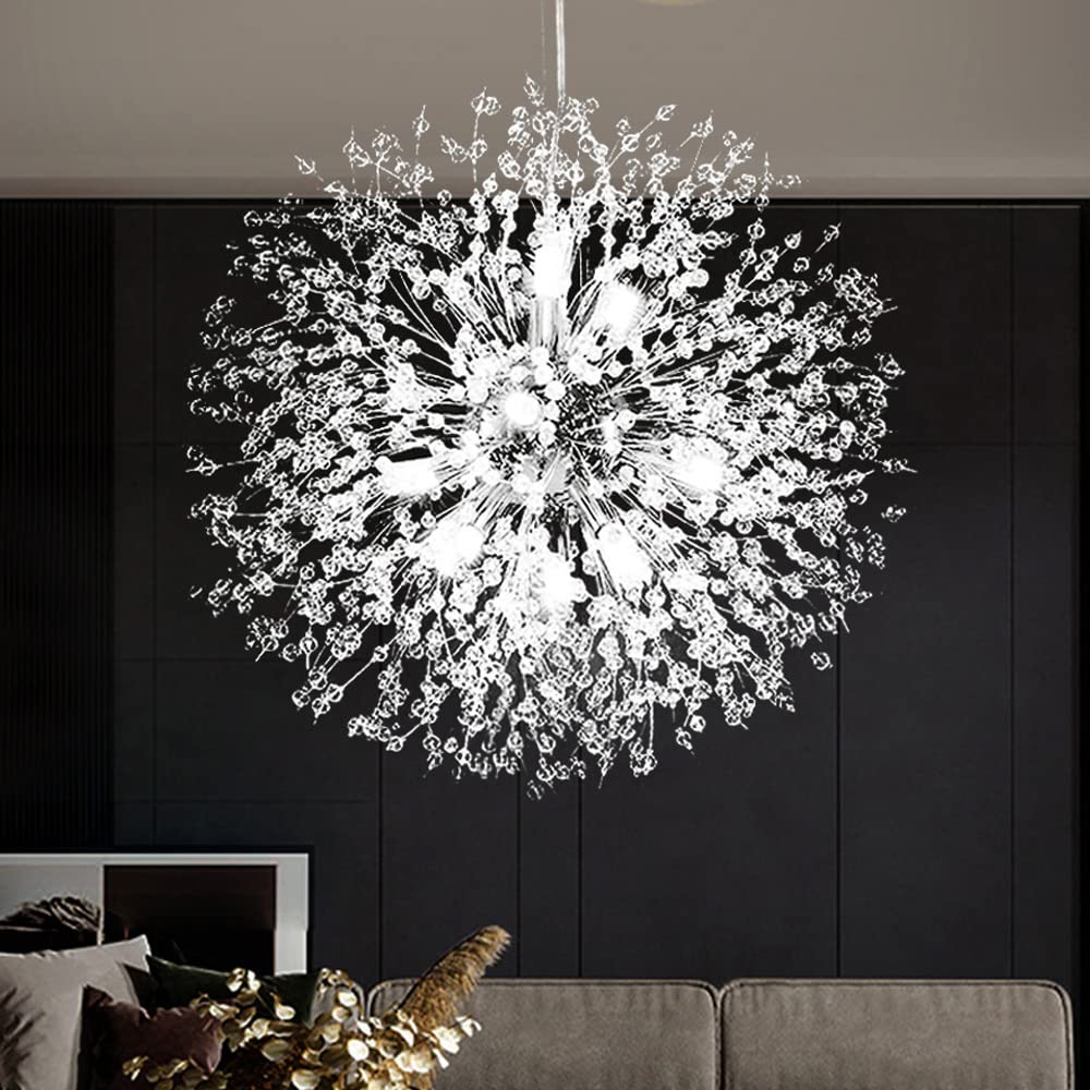 16-Light Modern Chrome Round Firework Pendant Chandelier - Dandelion Crystal Ceiling Light Fixture for Dining Room, Bedroom, Living Room | Elegant Lighting for Home Decor, Wedding Venues & Luxury Spaces