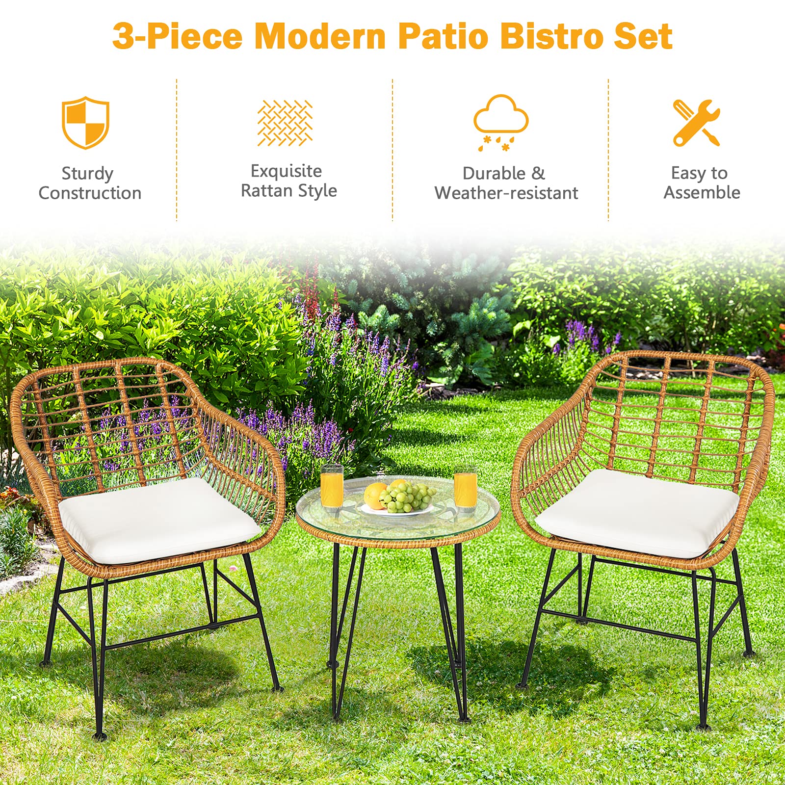 **HAPPYGRILL 3-Piece Rattan Bistro Set with Steel Frame, Round Coffee Table & Soft Cushions – Outdoor Patio Furniture for Garden, Balcony, or Poolside Relaxation**