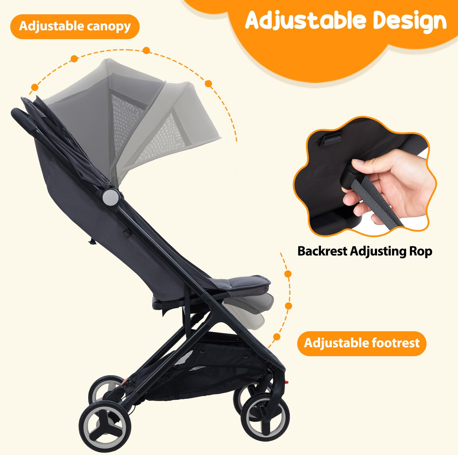 GAOMON Lightweight Compact Stroller - One Hand Fold, Airplane Friendly, Reclining Seat with Canopy & Smooth Suspension | Travel System Ready Black Baby Stroller for Travel, Shopping & Daily Use