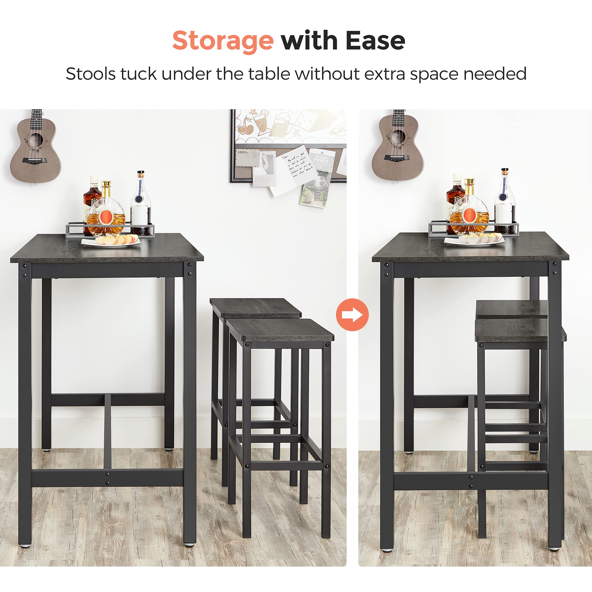 VASAGLE Industrial Bar Stools Set of 2 - Adjustable Height Kitchen Counter Stools with Footrest, Charcoal Gray & Black Metal Bar Chairs for Breakfast Nook, Living Room, Party Room & Home Bar Decor - ULBC065B04
