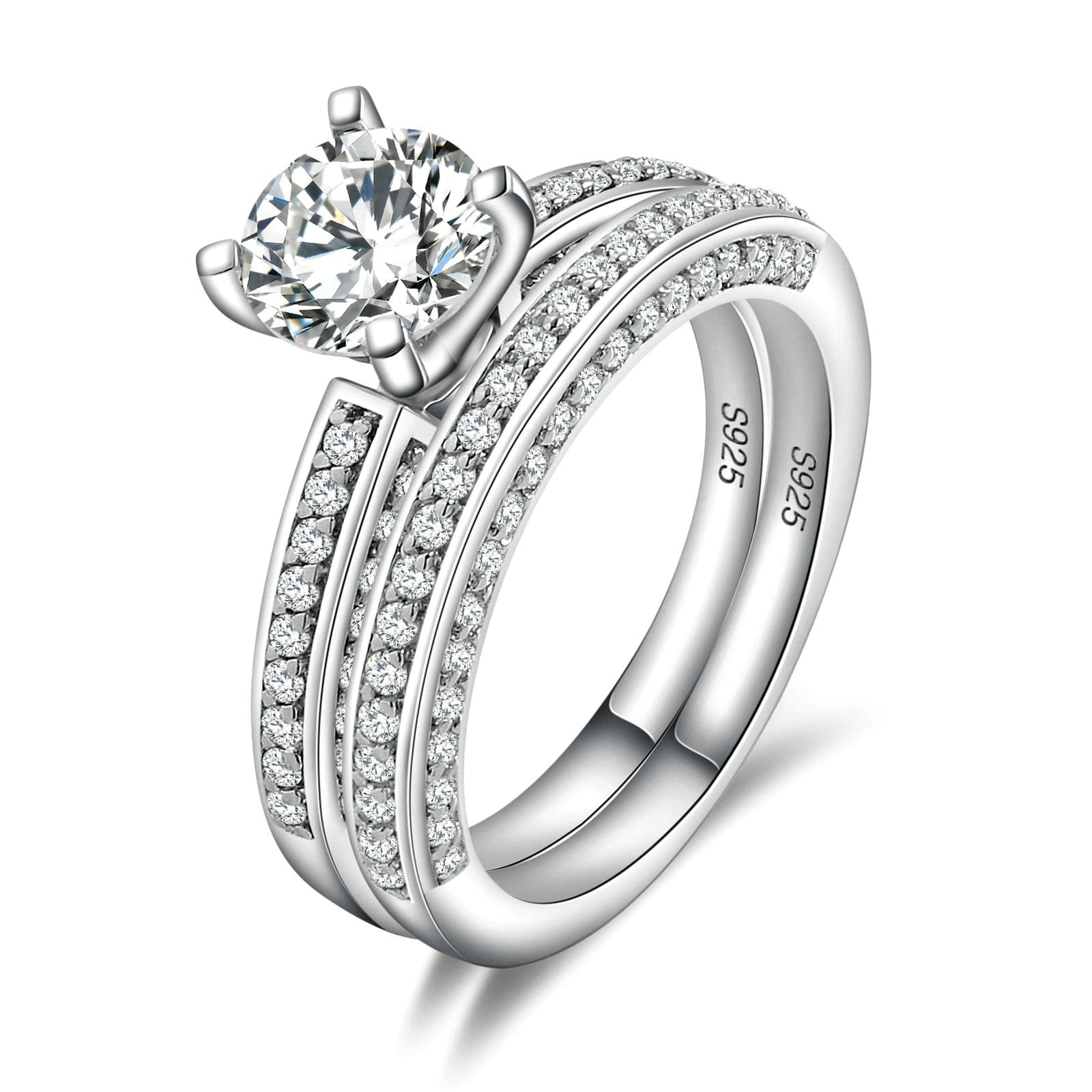 Gualiy Sterling Silver Band Rings for Women - Wedding & Marriage Rings Set with Round Cubic Zirconia (2Pcs, Size 4-11) | Perfect for Engagement, Anniversary & Everyday Wear