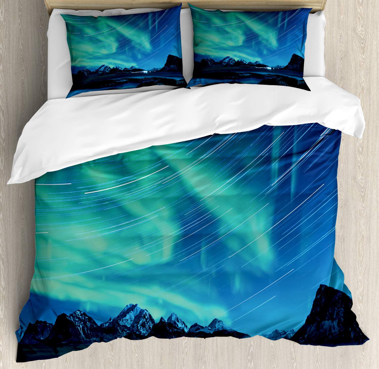 Ambesonne Norway Duvet Cover Set - King Size 3 Piece Bedding with 2 Pillow Shams | Gloomy Green & Blue Northern Lights Design | Dark Seafoam & Ocean Blue Borealis Atmosphere | Perfect for Cozy Bedrooms, Guest Rooms & Aurora-Themed Decor