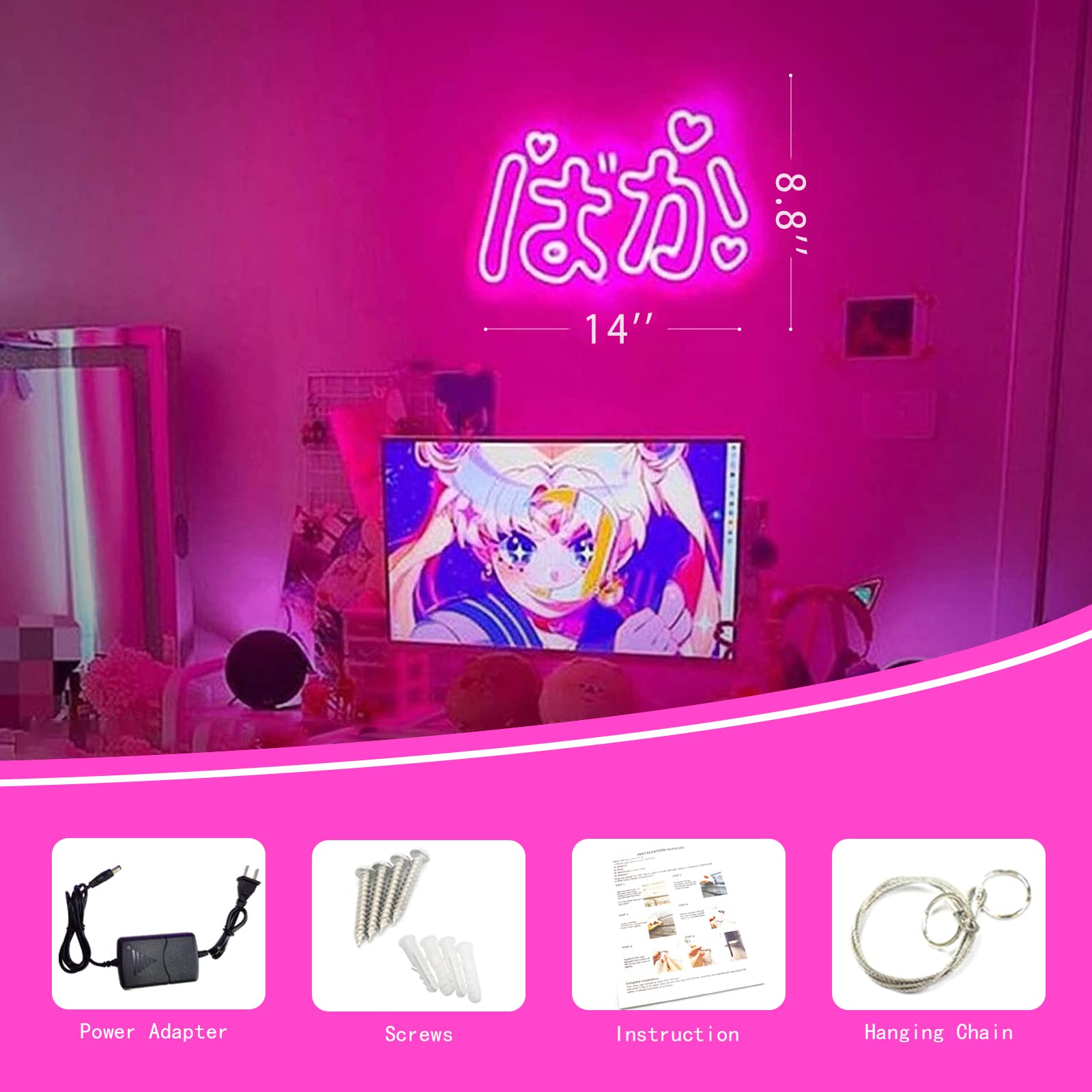 Baka Anime Neon Light - Handmade 3D Cute LED Night Lamp in Pink (14 Inch) | Japanese Neon Sign for Bedroom, Game Room & Stream Studio | Aesthetic Decor & Birthday Gift for Kids, Girls | Perfect for Anime Themed Rooms, Gaming Setups & TikTok Backgrounds